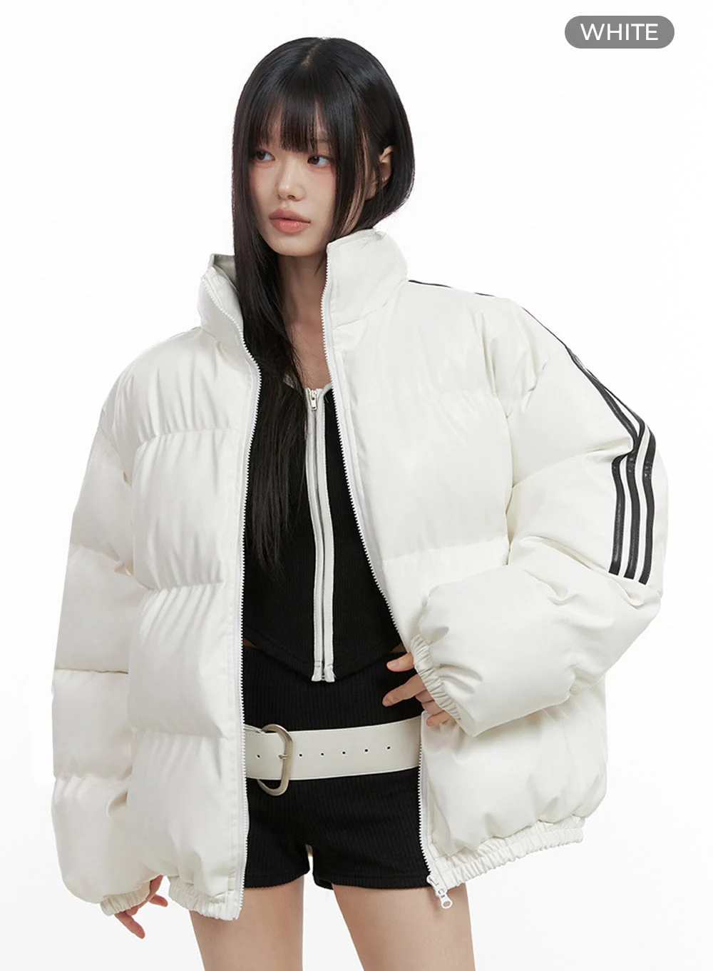 Oversized Stripe Leather Padded Coat IO430 - Image 9