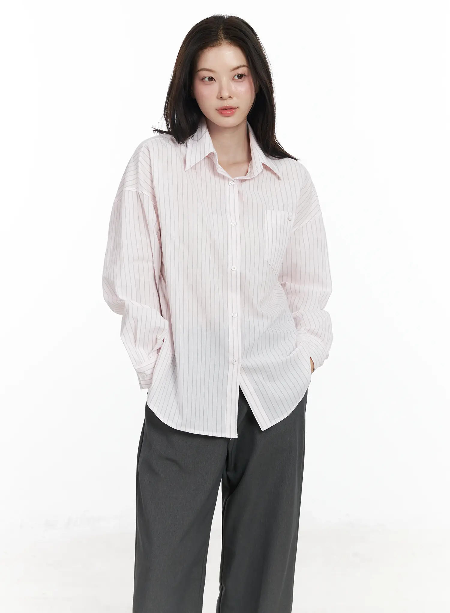 Oversized Striped Button-Up Shirt IF525 - Image 2