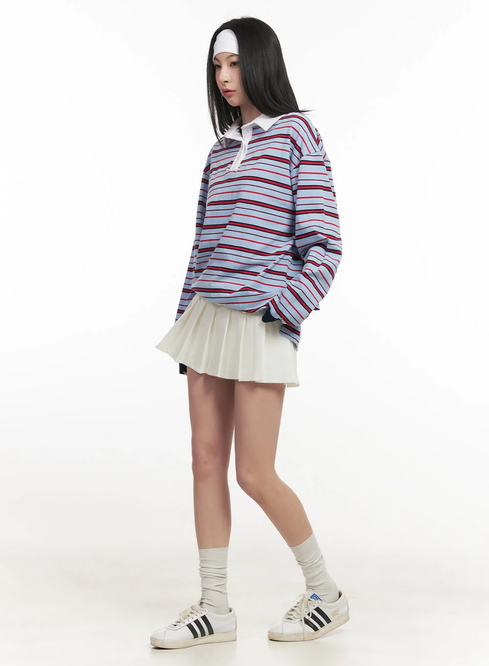 Oversized Striped Long Sleeve Polo Shirt CF514 - Image 5
