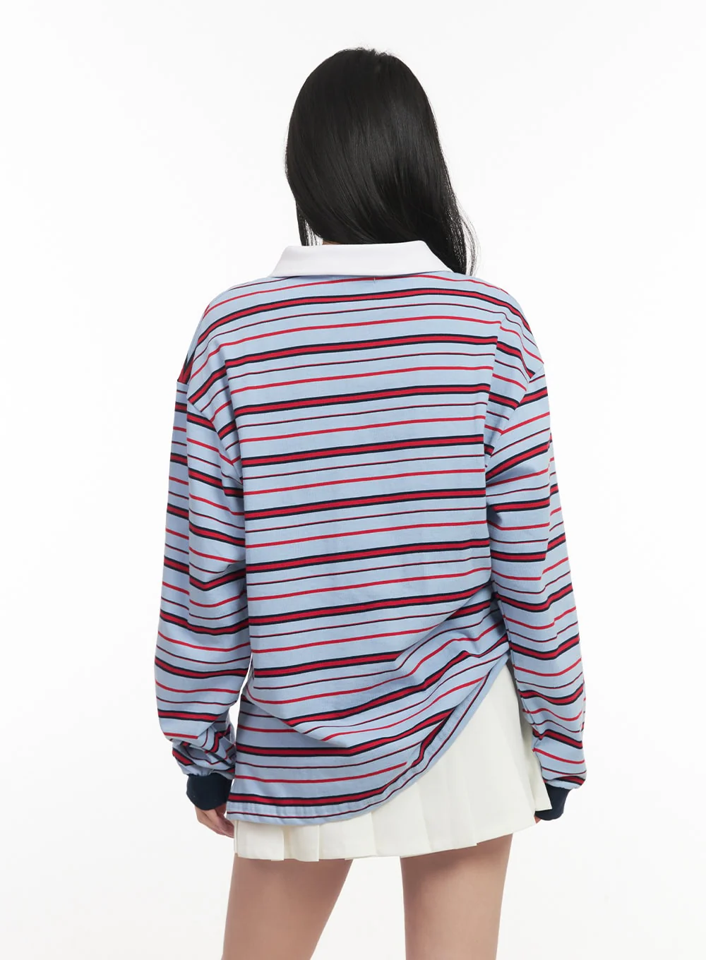 Oversized Striped Long Sleeve Polo Shirt CF514 - Image 6