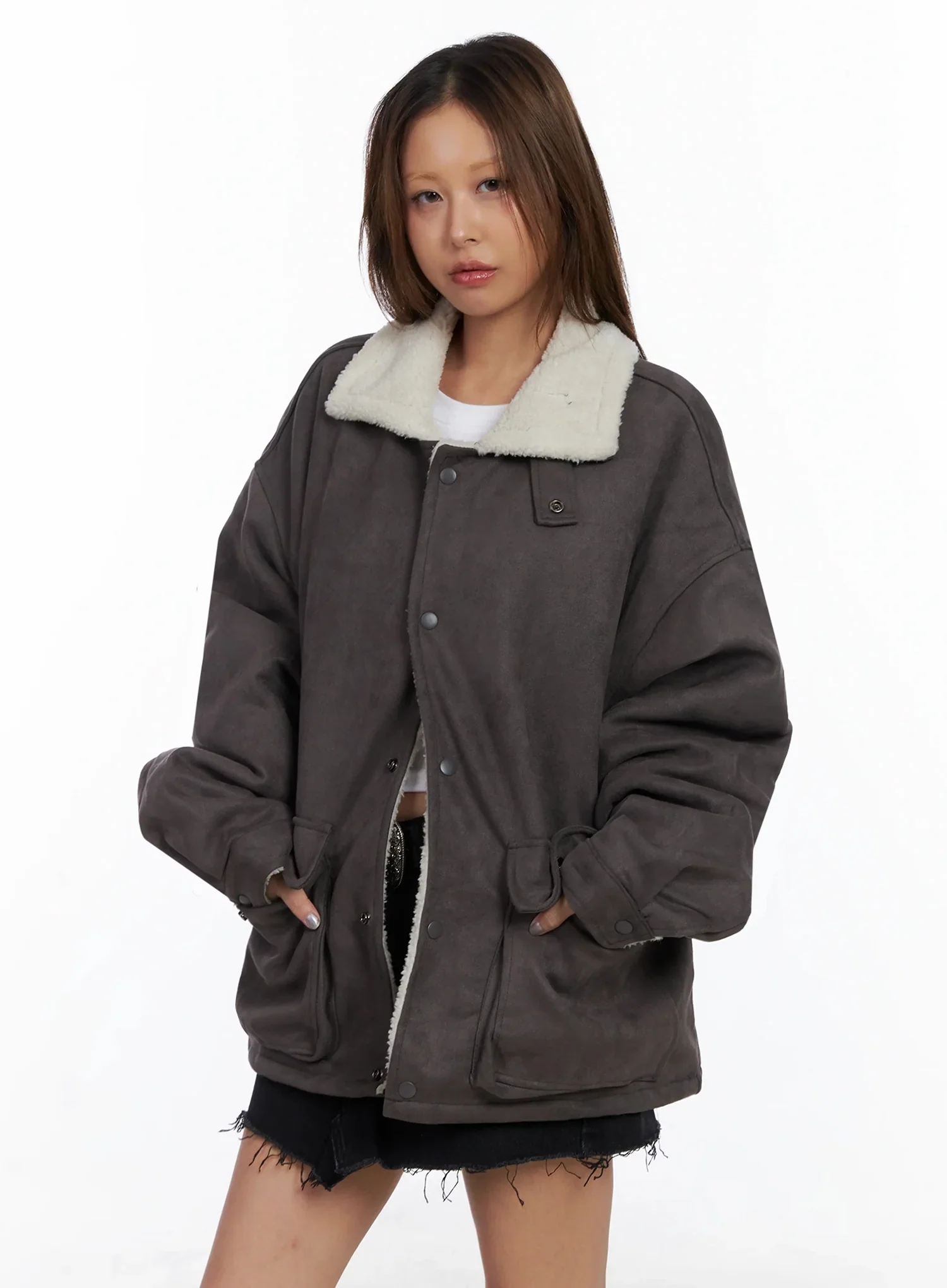 Oversized Suede Shearling Jacket IN528 - Image 2