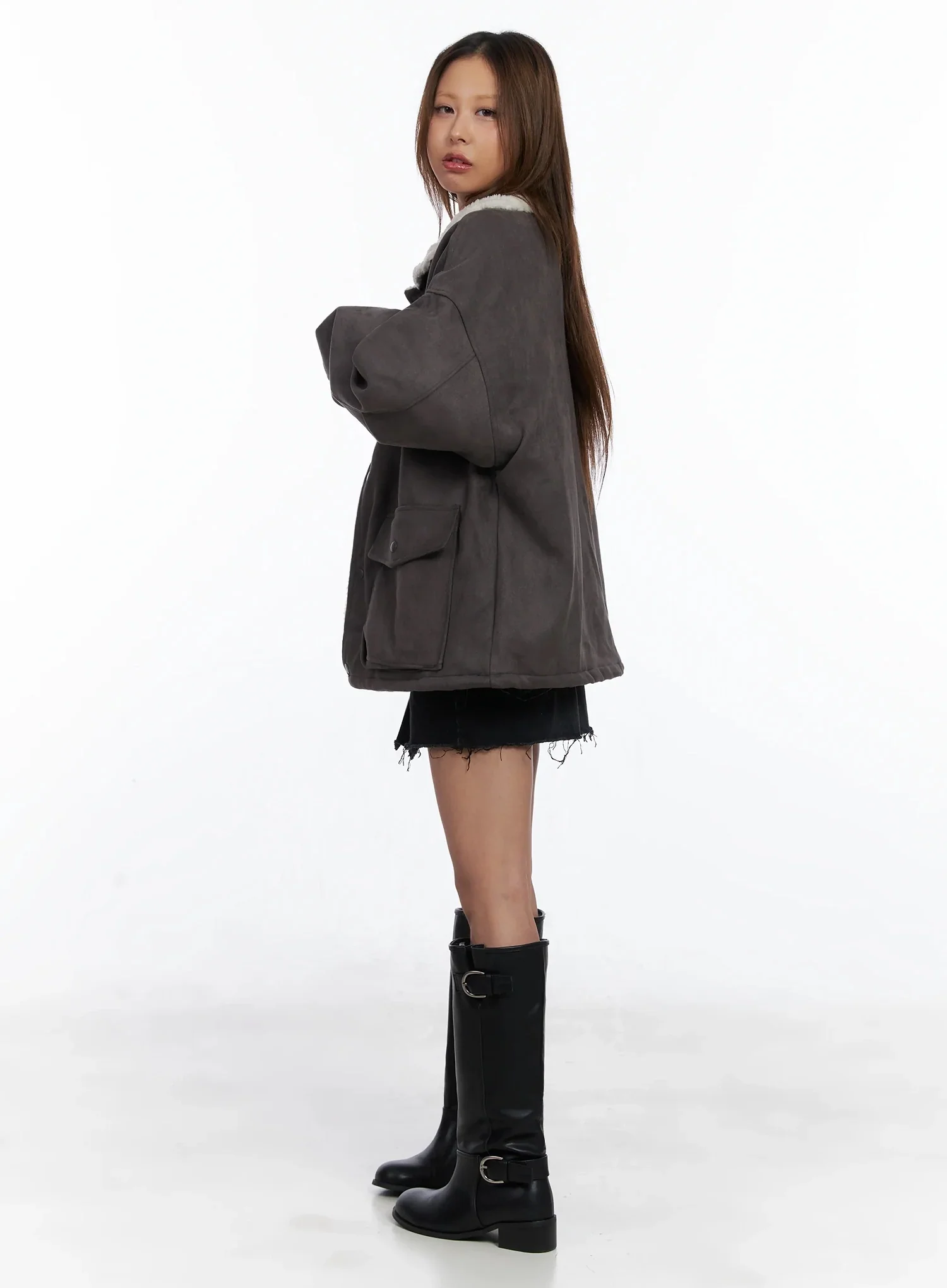 Oversized Suede Shearling Jacket IN528 - Image 9