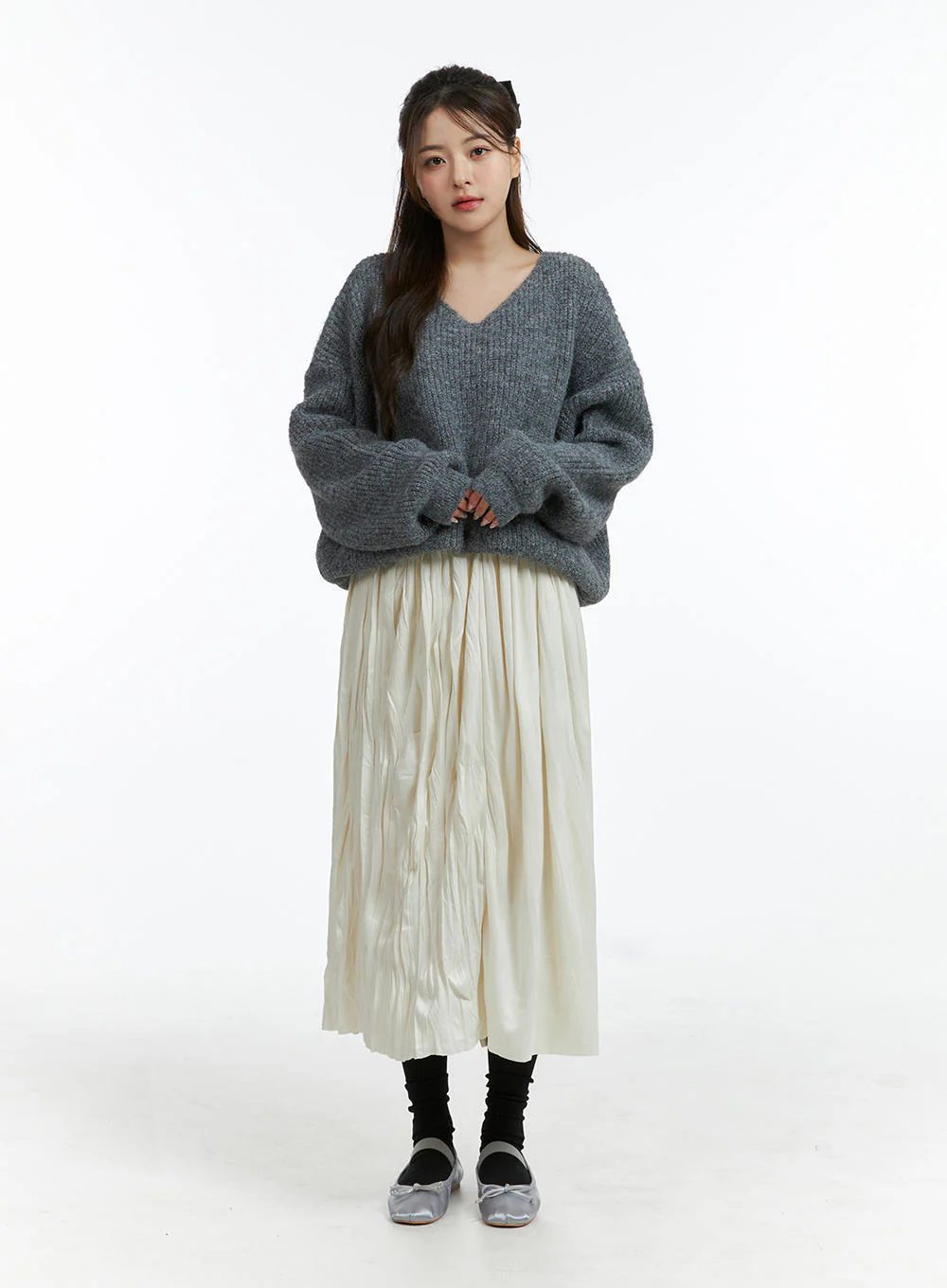 Oversized V-Neck Solid Long Sleeve Sweater OJ411 - Image 2
