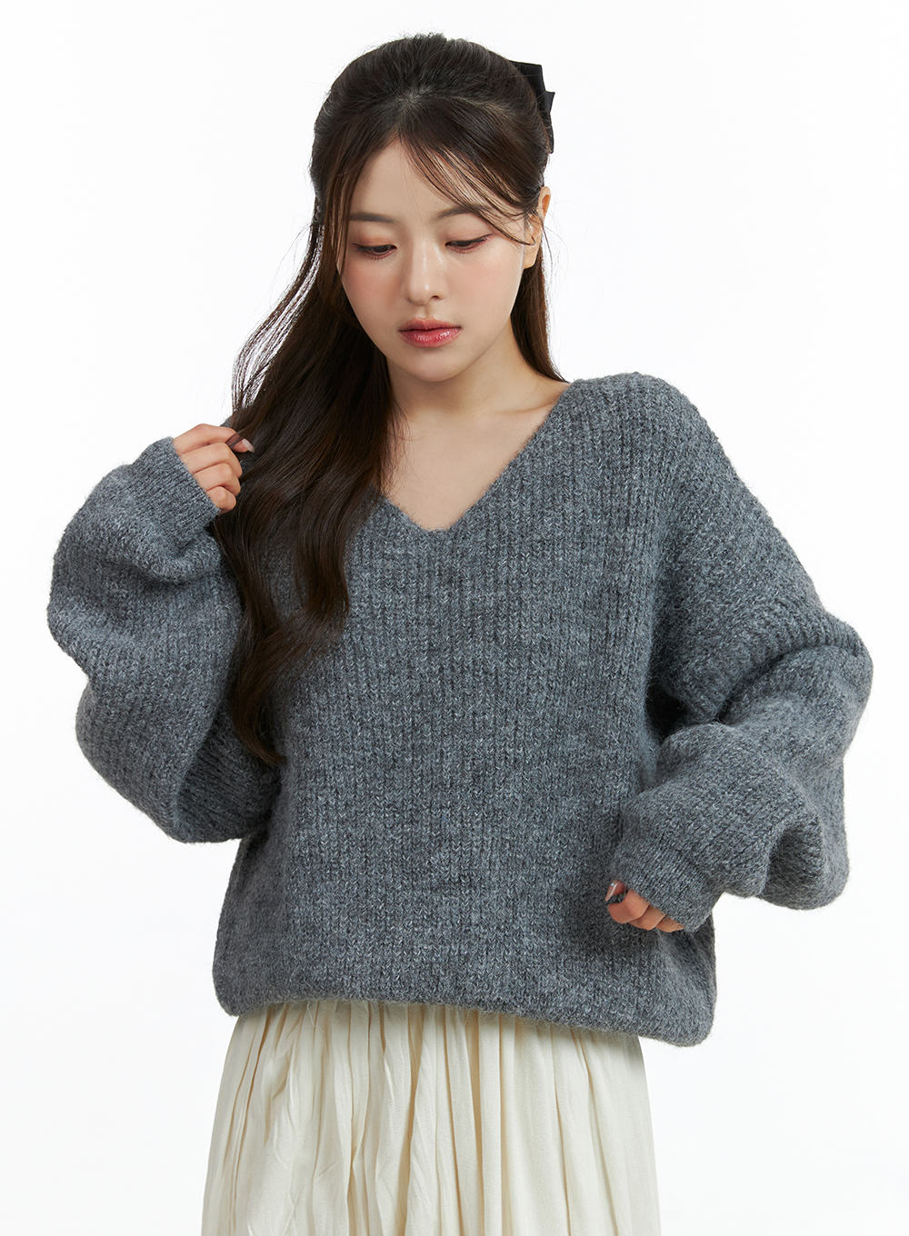 Oversized V-Neck Solid Long Sleeve Sweater OJ411 - Image 5