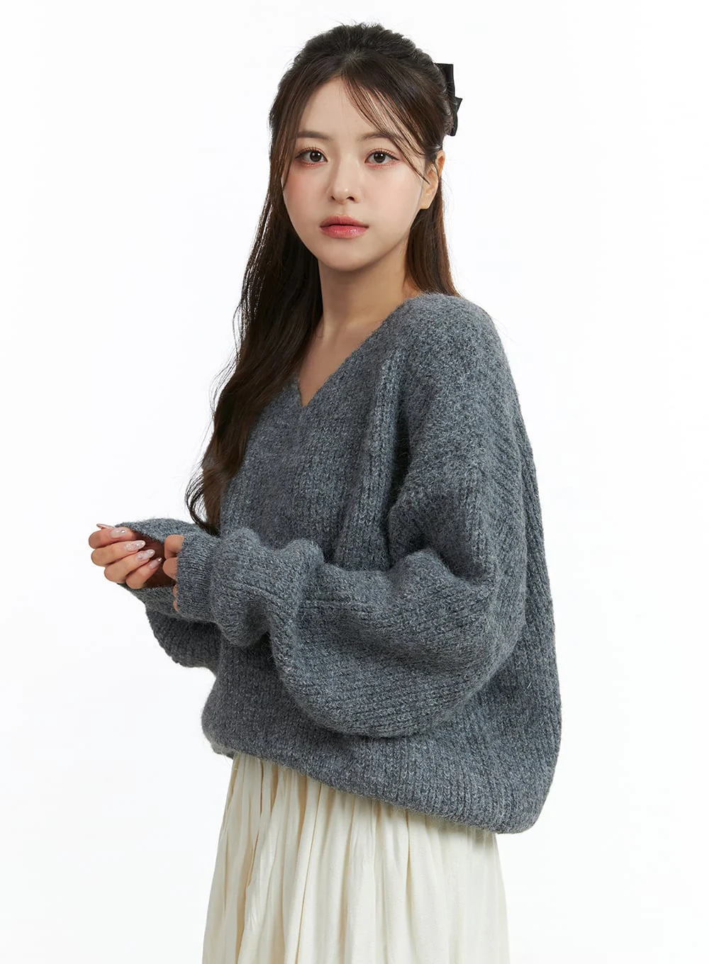 Oversized V-Neck Solid Long Sleeve Sweater OJ411 - Image 6