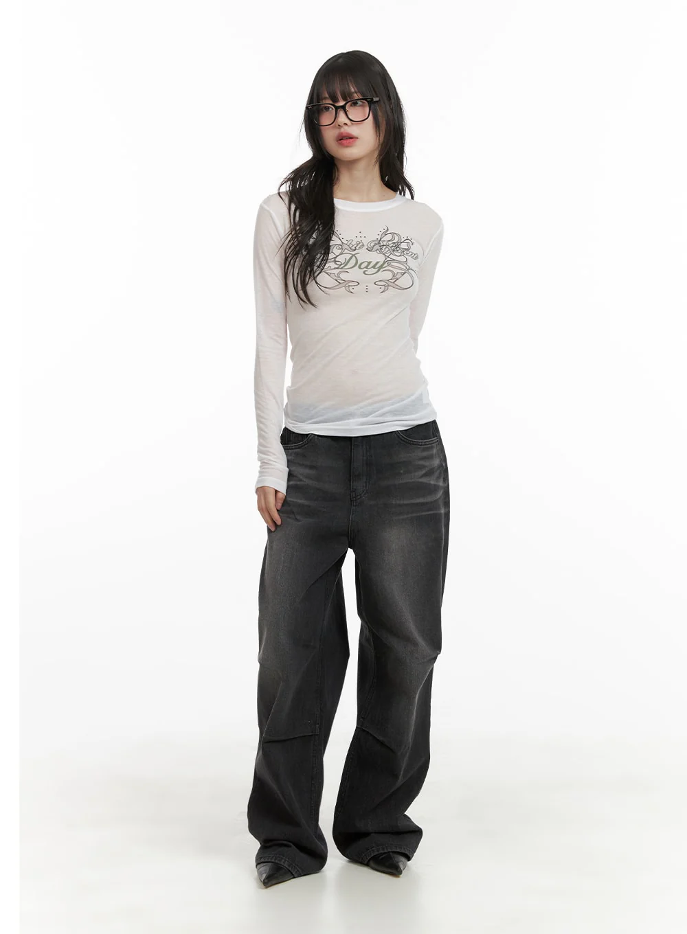 Pintuck Washed Denim Wide Leg Jeans CA419 - Image 2