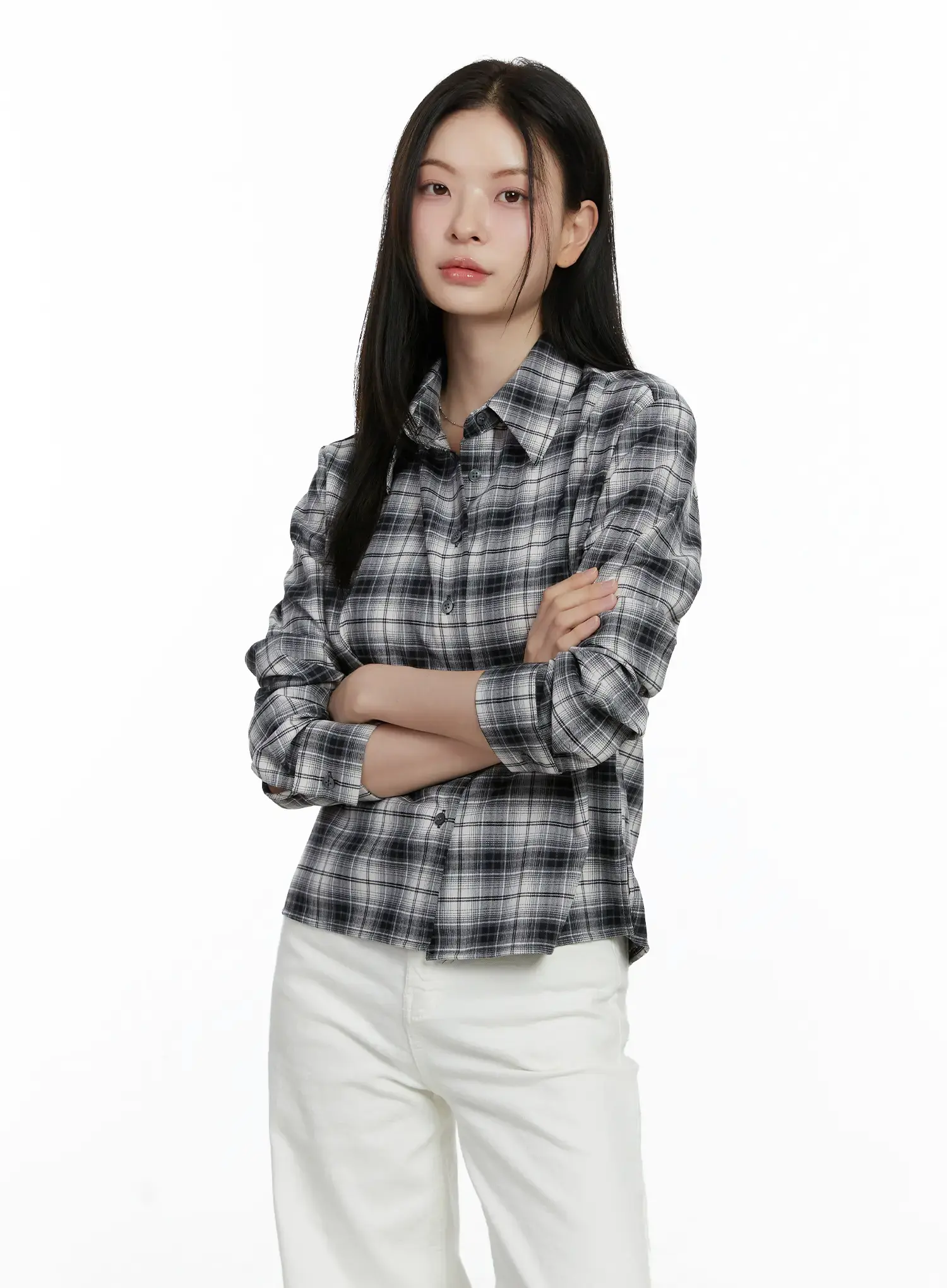 Plaid Crop Long Sleeve Shirt F502 - Image 9