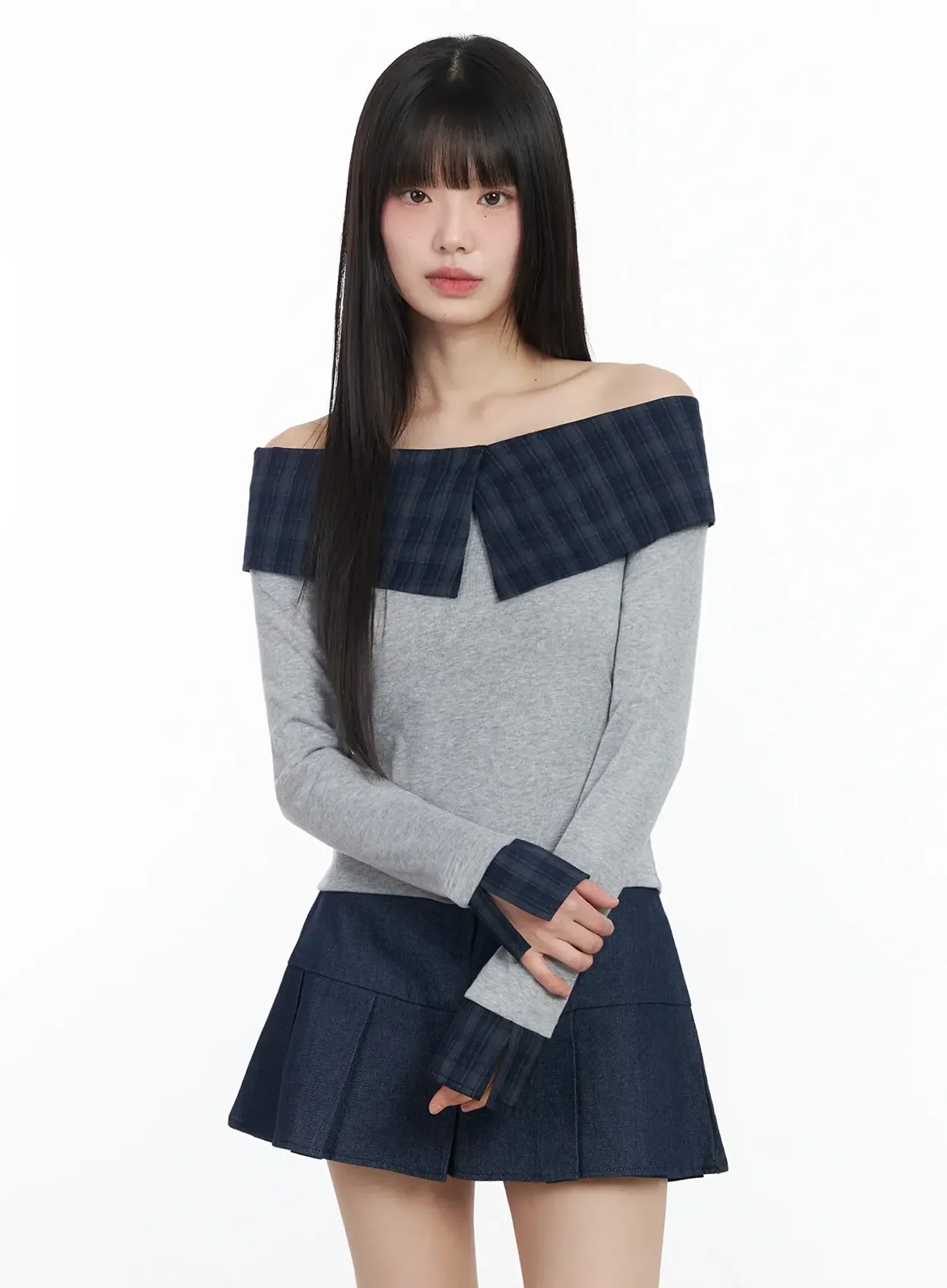 Plaid Off-Shoulder Long Sleeve Top IM523 - Image 13