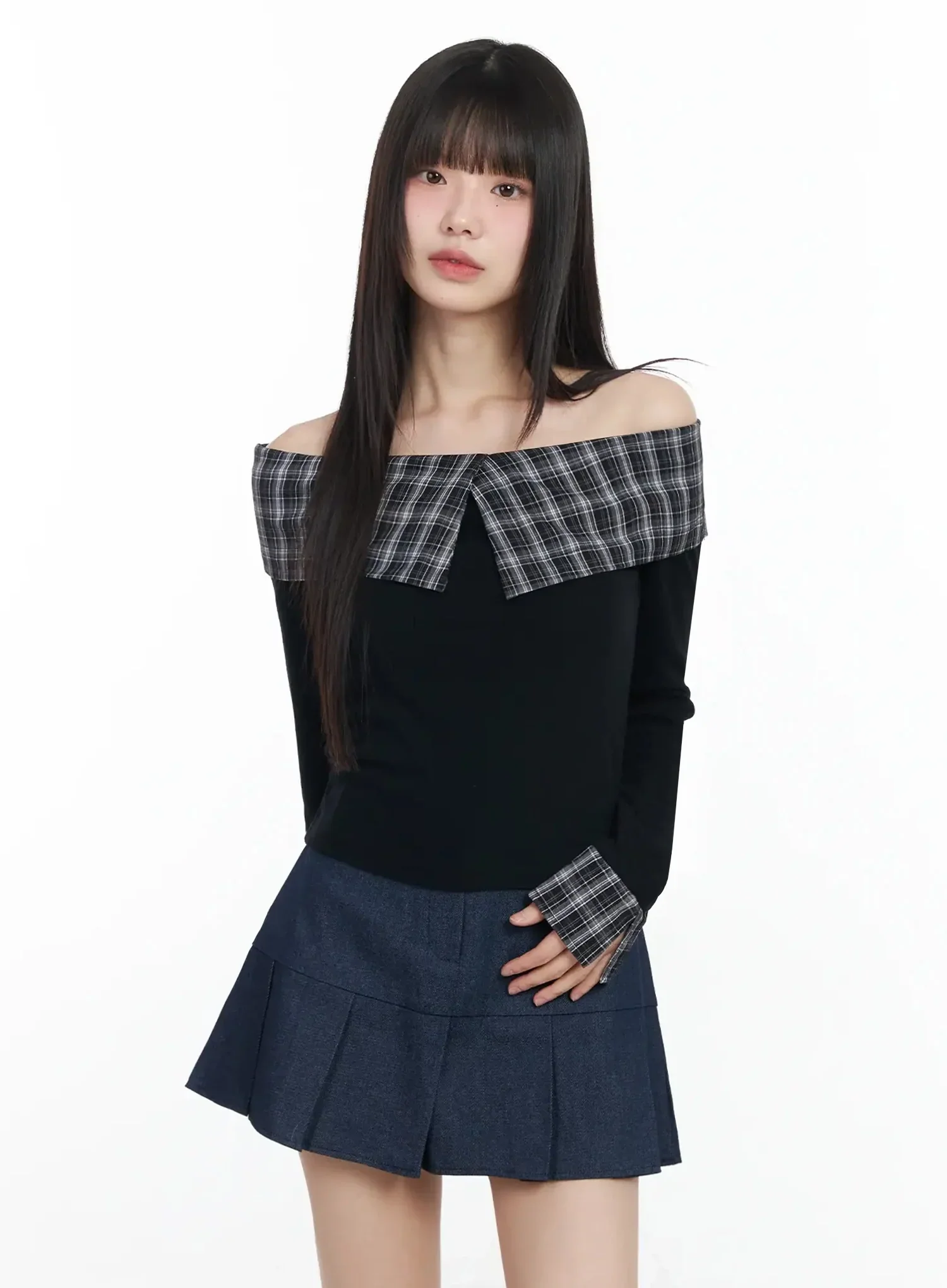 Plaid Off-Shoulder Long Sleeve Top IM523 - Image 15