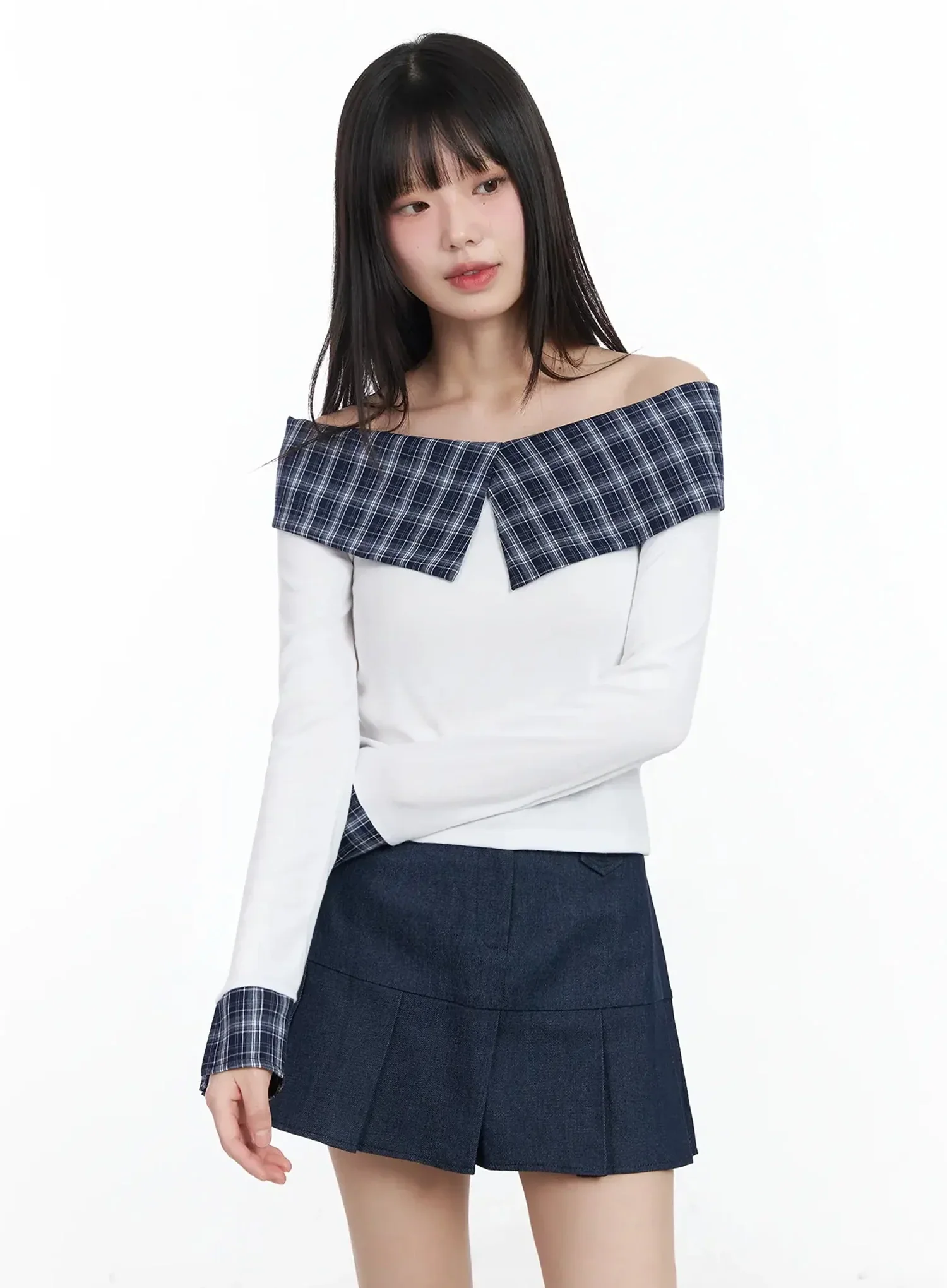 Plaid Off-Shoulder Long Sleeve Top IM523 - Image 3