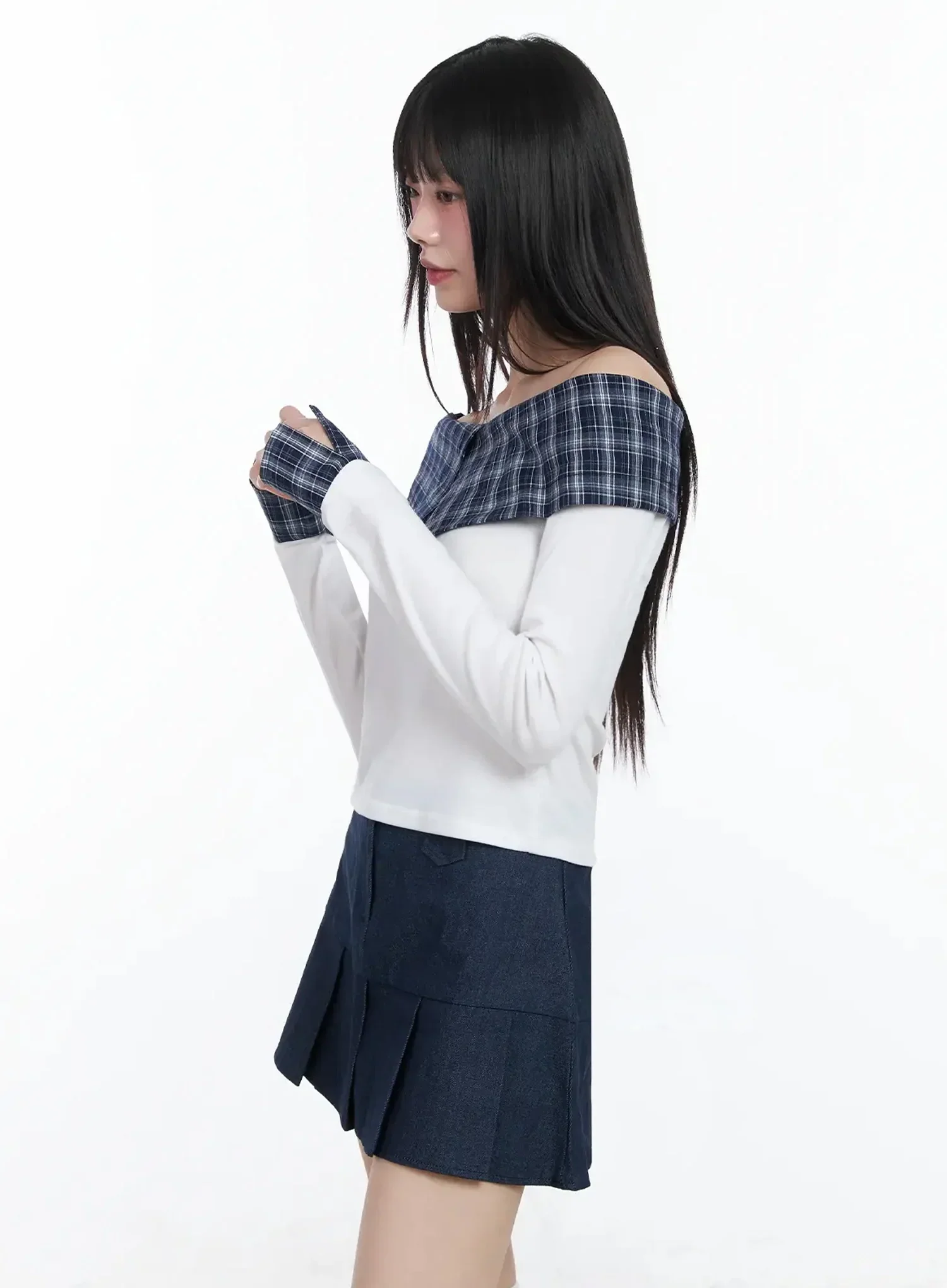 Plaid Off-Shoulder Long Sleeve Top IM523 - Image 8
