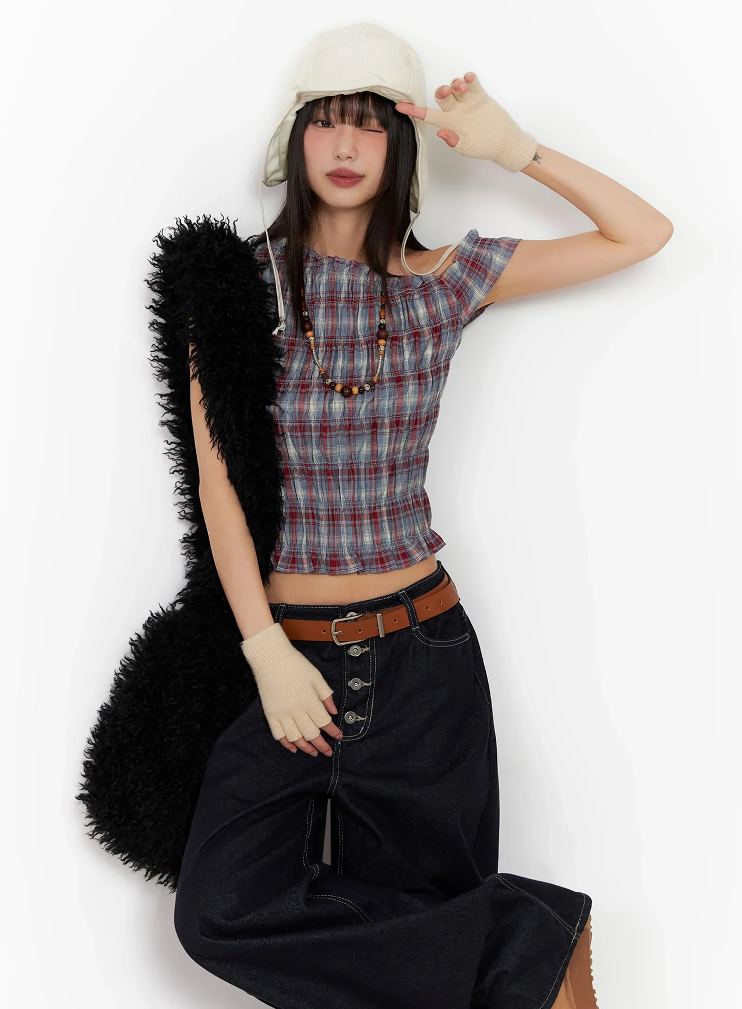 Plaid Off-Shoulder Top IN503 - Image 14