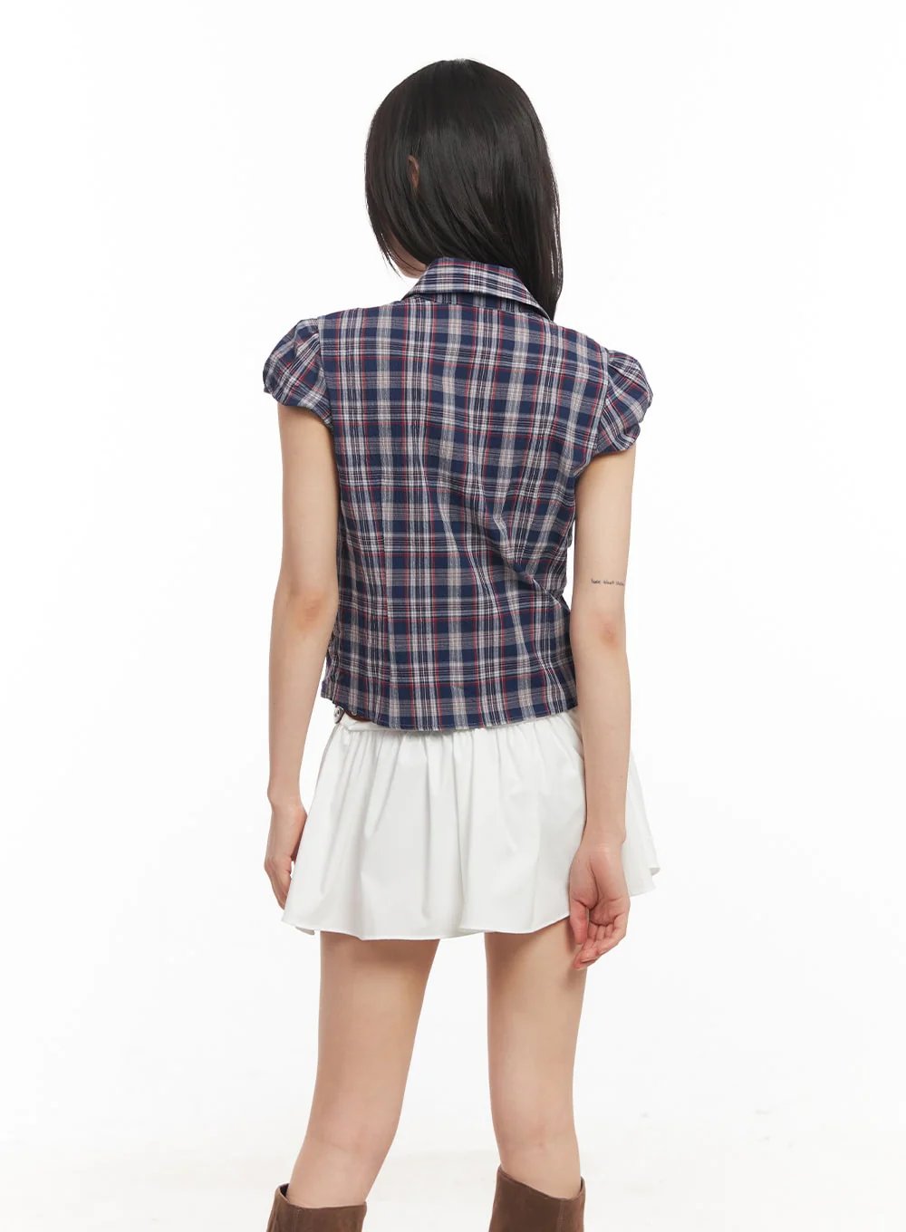 Plaid Puff Sleeve Cropped Shirt CA523 - Image 4