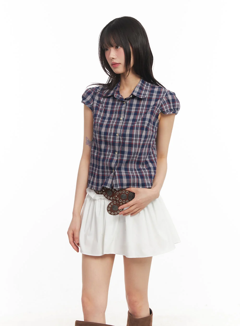 Plaid Puff Sleeve Cropped Shirt CA523 - Image 9