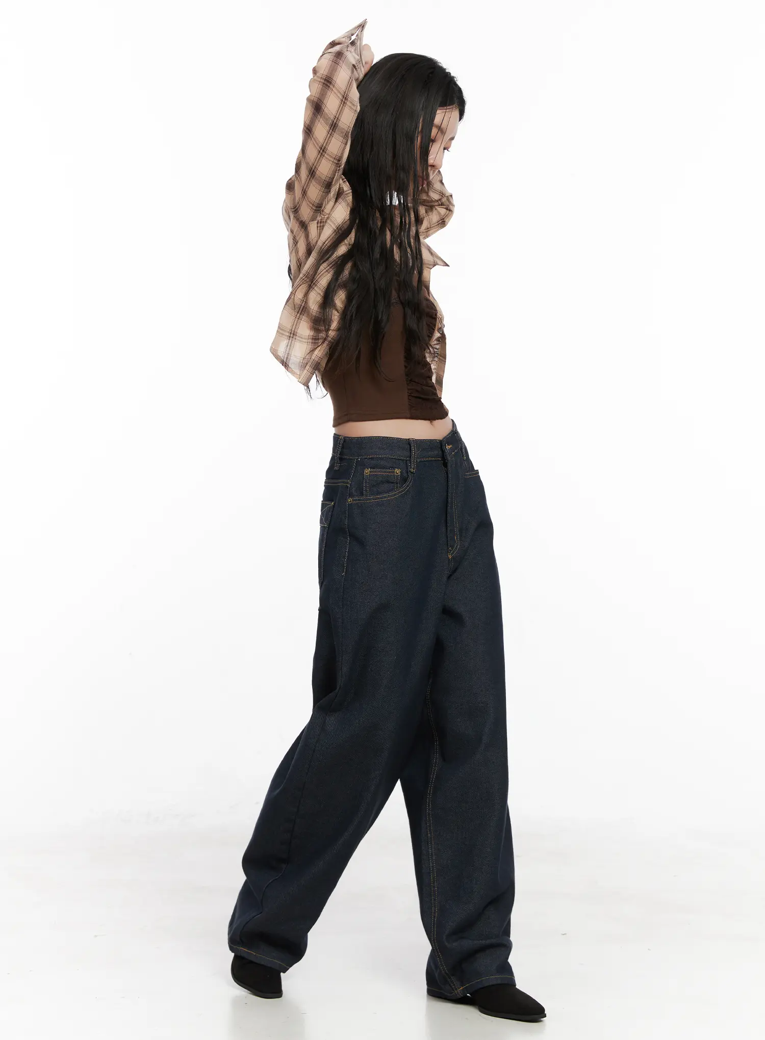 Plaid Shirred Crop Long Sleeve Shirt CN513 - Image 4