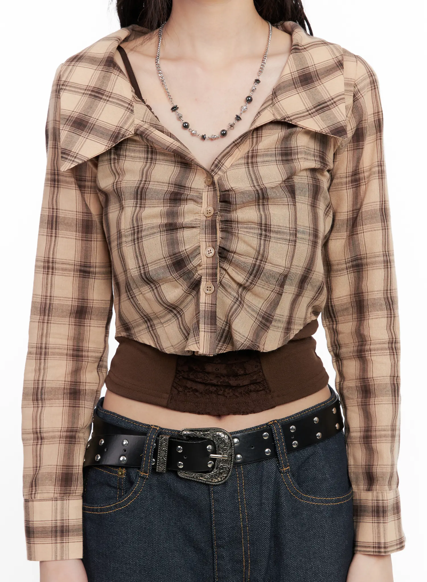 Plaid Shirred Crop Long Sleeve Shirt CN513 - Image 7