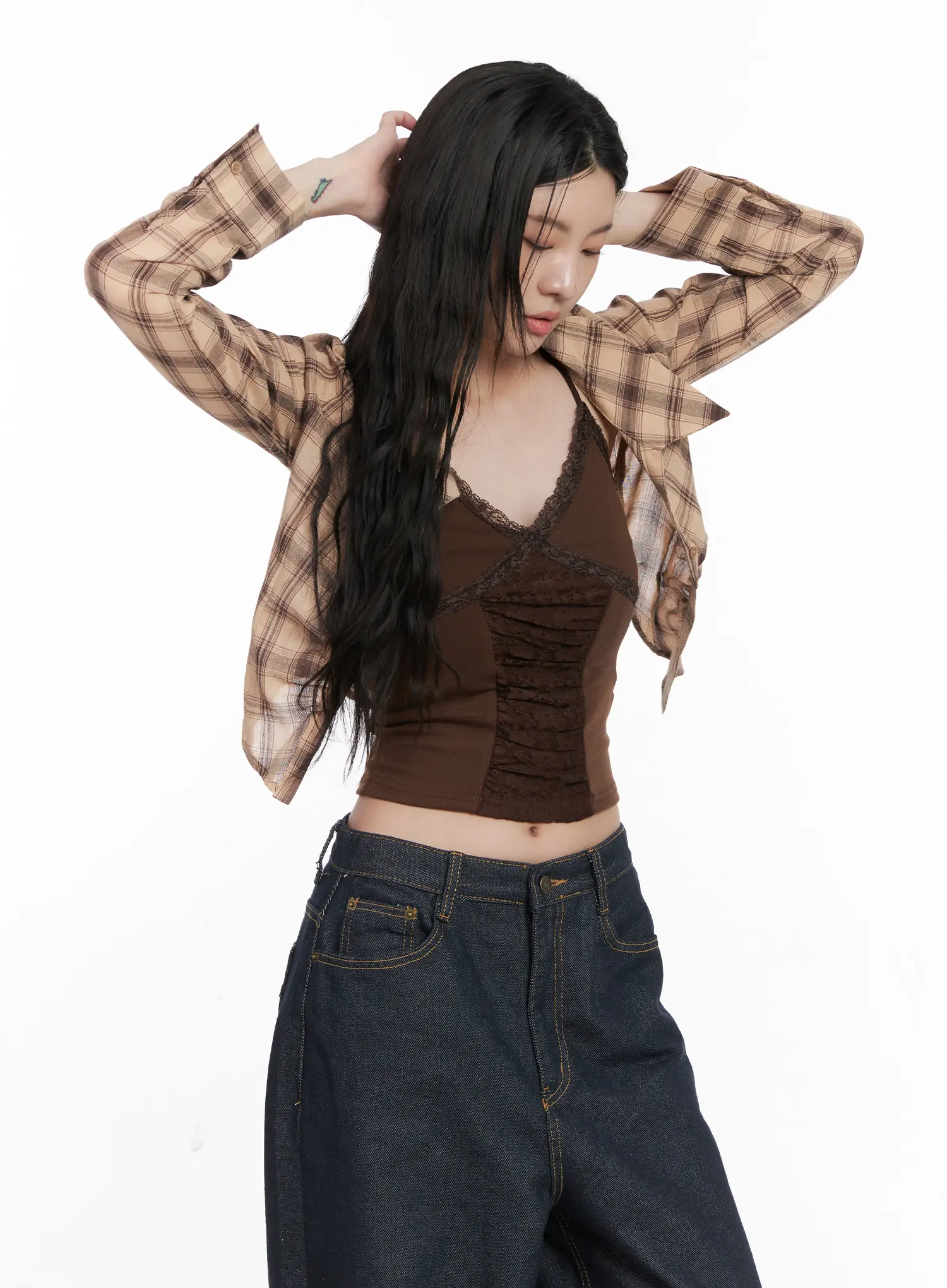 Plaid Shirred Crop Long Sleeve Shirt CN513 - Image 8