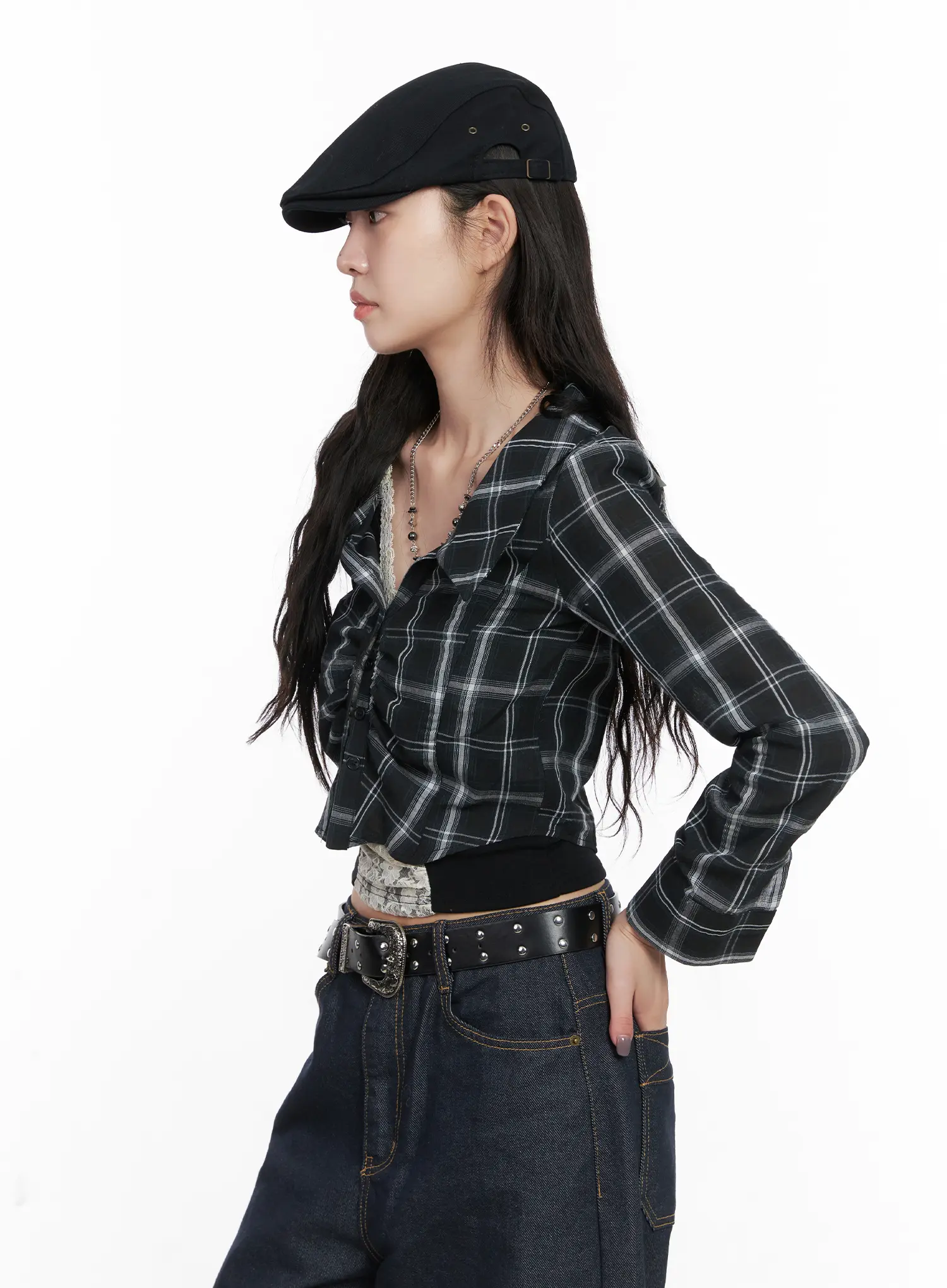 Plaid Shirred Crop Long Sleeve Shirt CN513 - Image 9