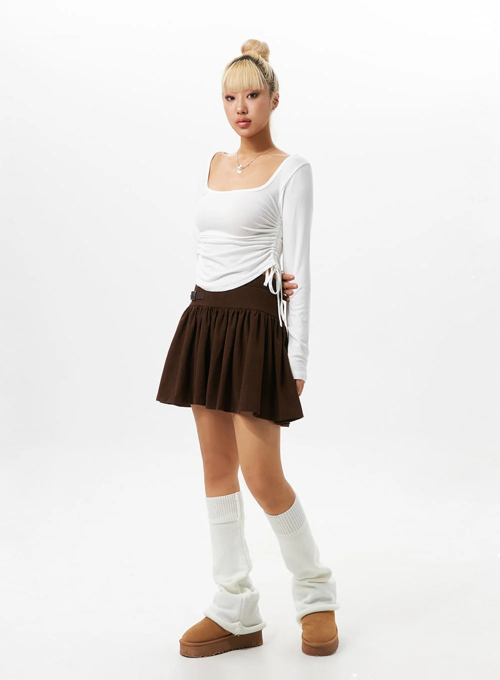 Pleated Corduroy Skirt with Buckle IO324 - Image 3