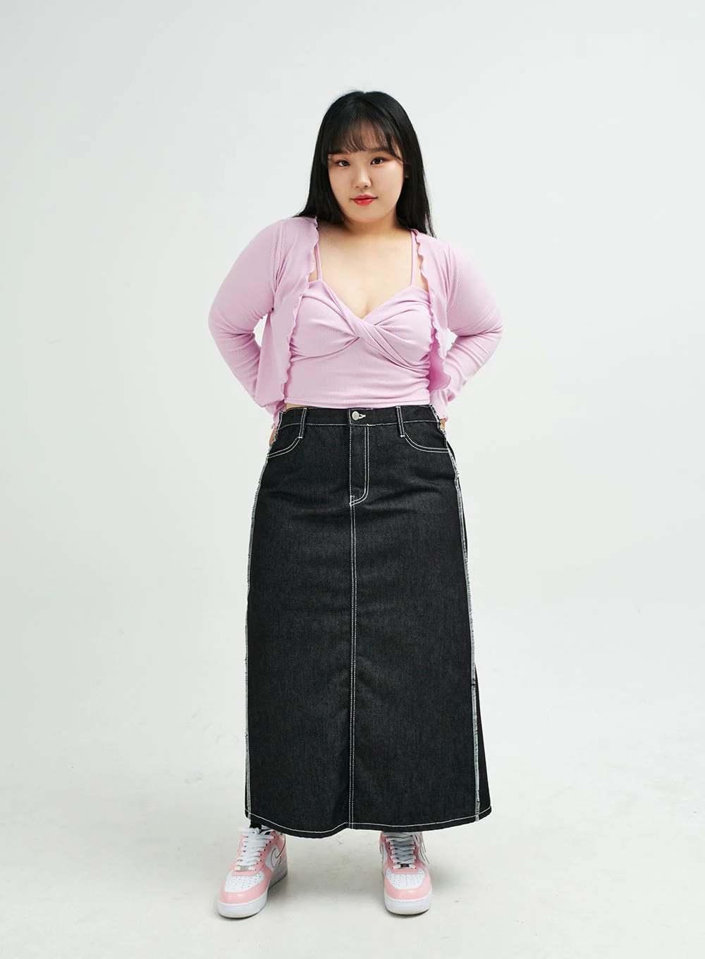 Plus Reverse Stitch Bleached Denim Maxi Skirt IY24 - Image 13