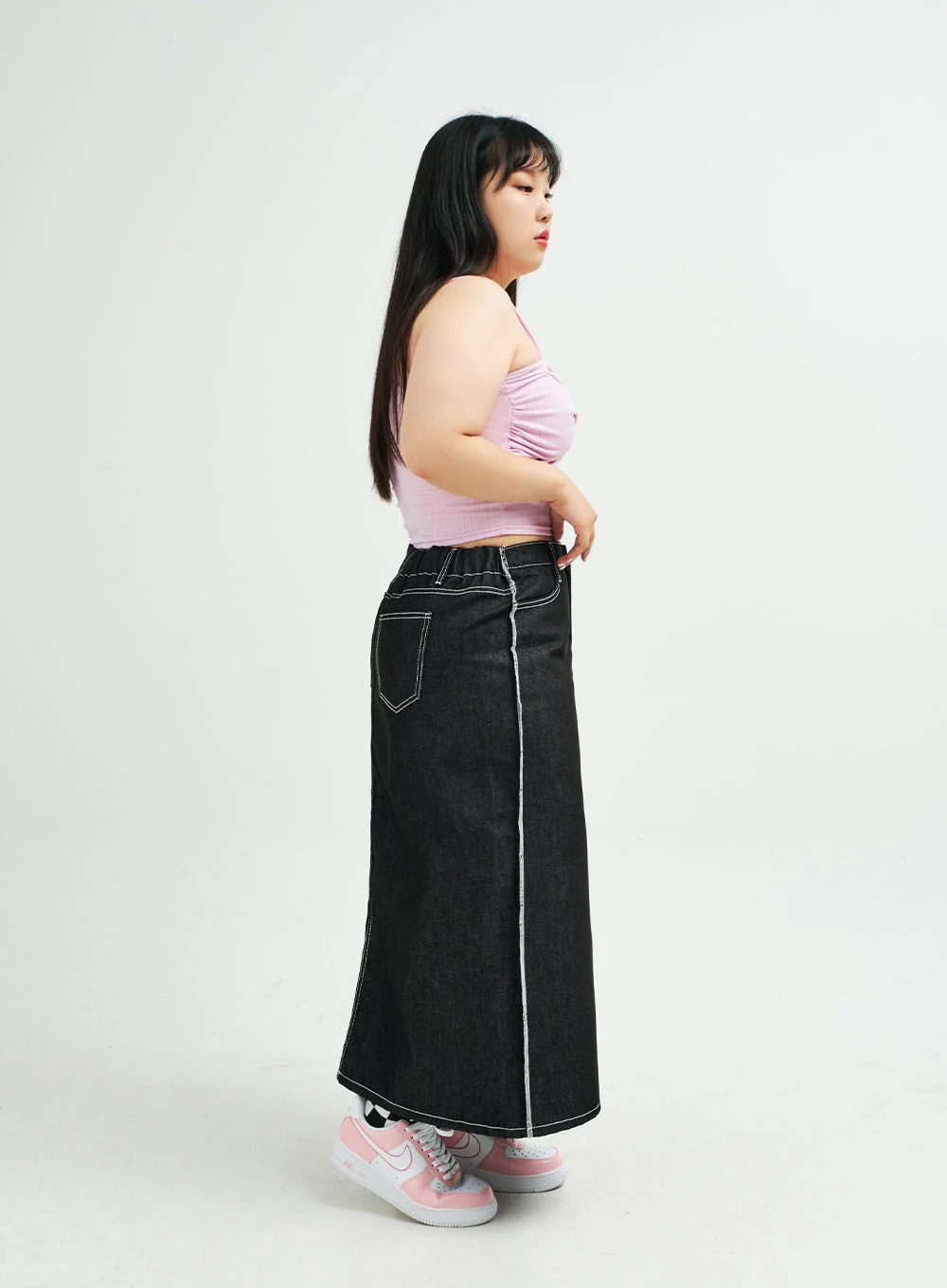 Plus Reverse Stitch Bleached Denim Maxi Skirt IY24 - Image 5