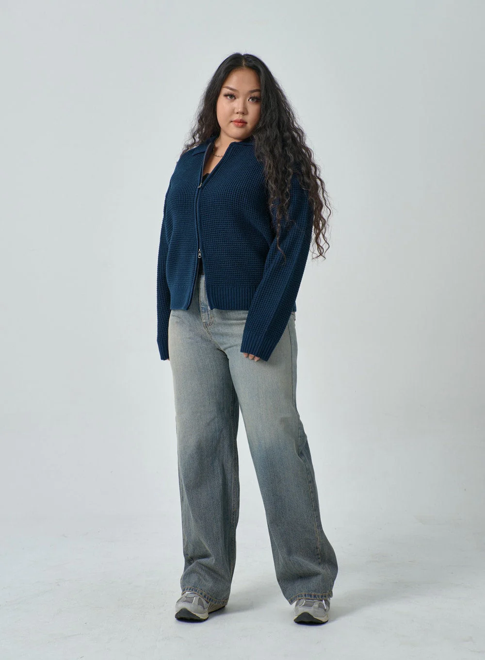 Plus Waffle Pattern Collared Two Way Zip-Up Knit - Image 11