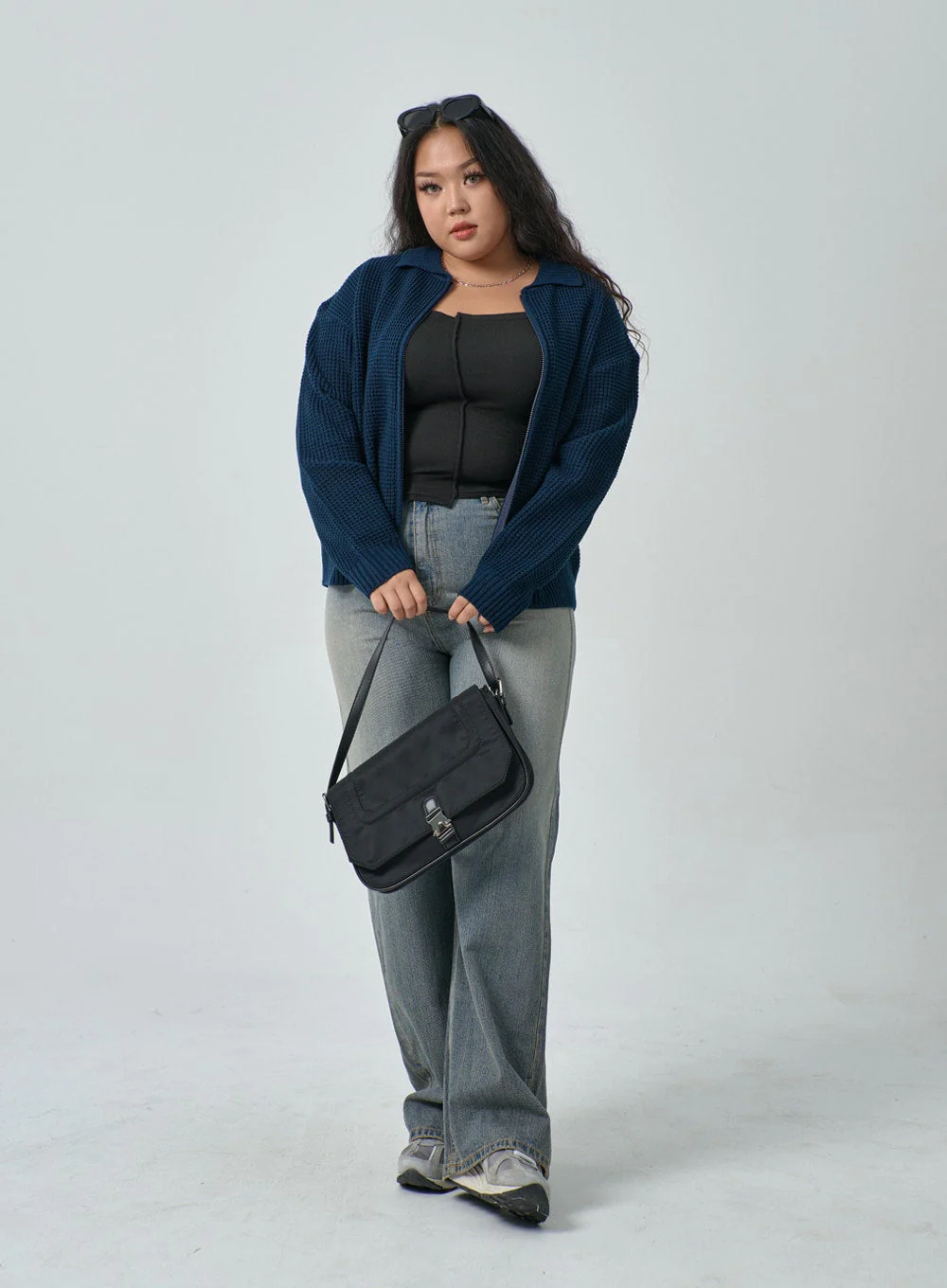 Plus Waffle Pattern Collared Two Way Zip-Up Knit - Image 3