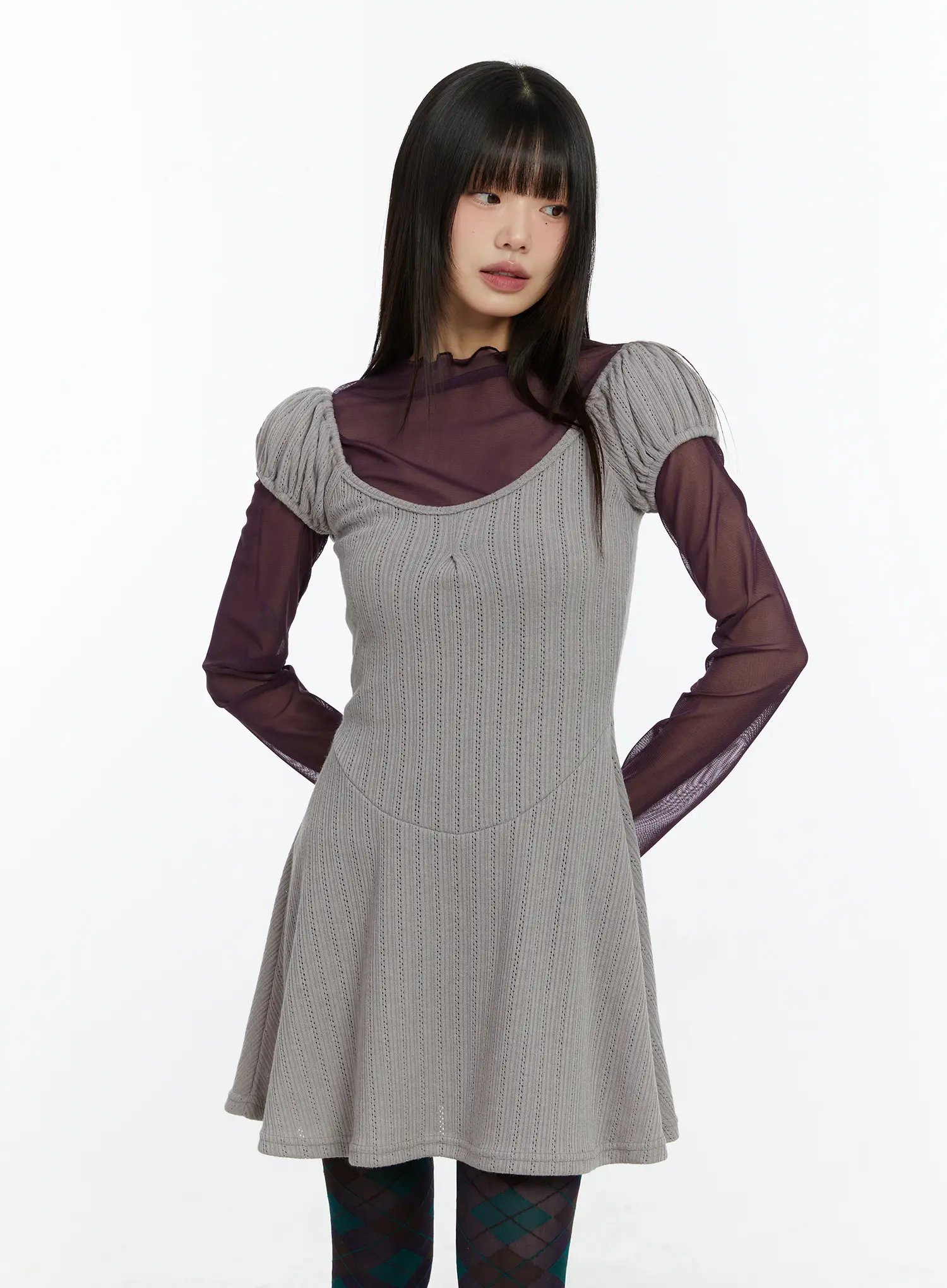Pointelle Puff Sleeve Flare Mini Dress CF509 - Image 9