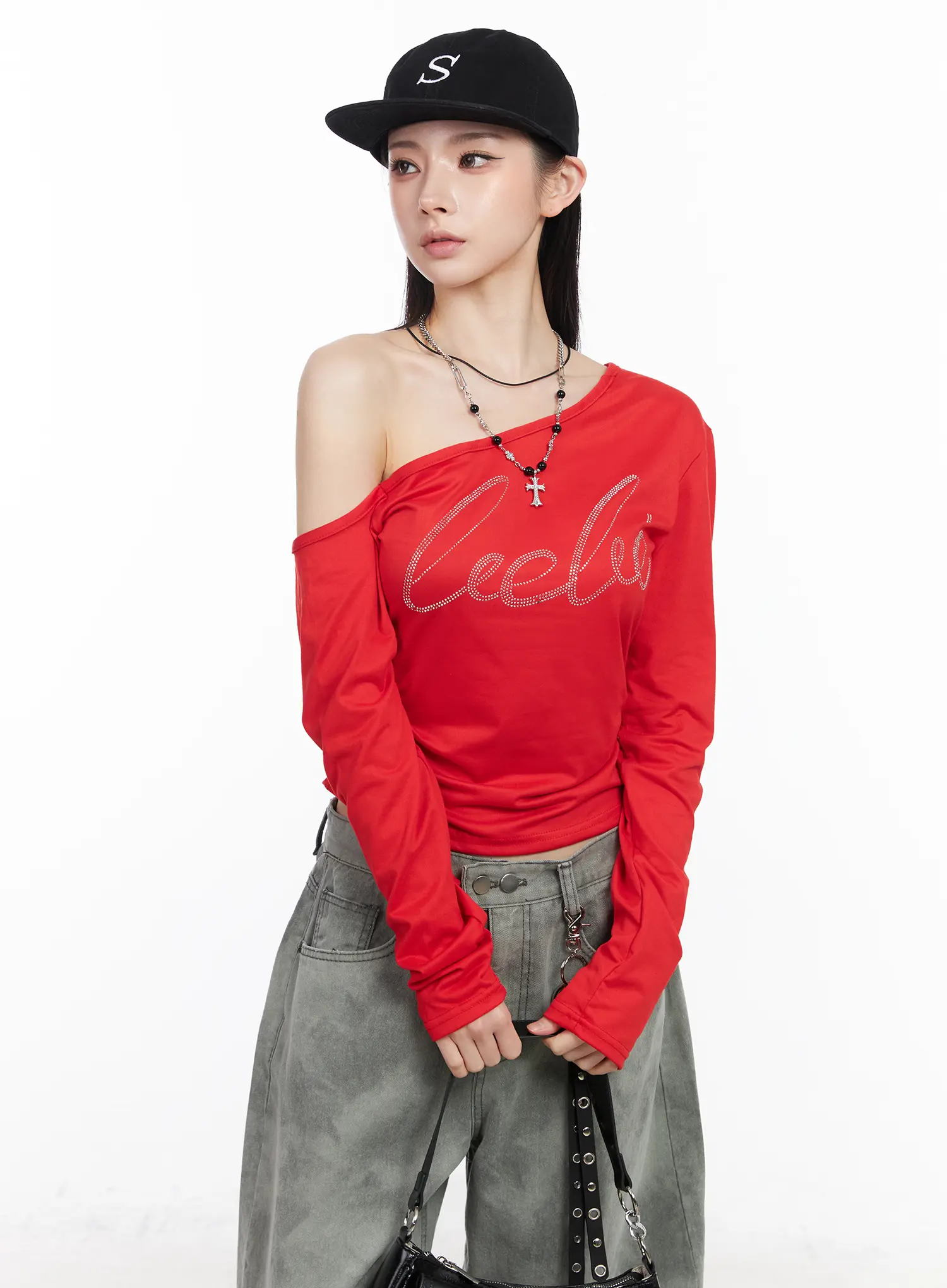 Rhinestone Asymmetric Off-Shoulder Long Sleeve Top CM519