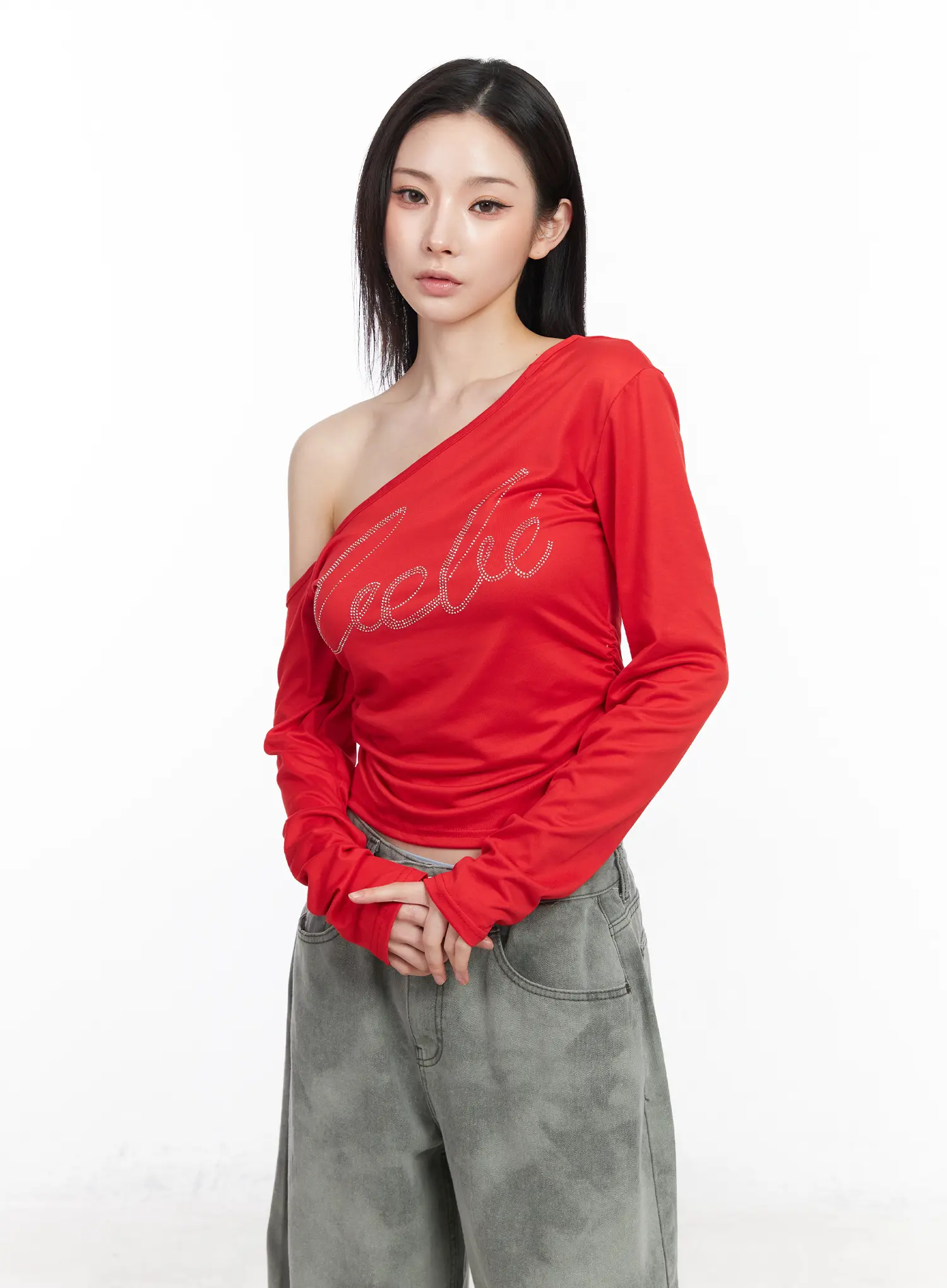 Rhinestone Asymmetric Off-Shoulder Long Sleeve Top CM519 - Image 10