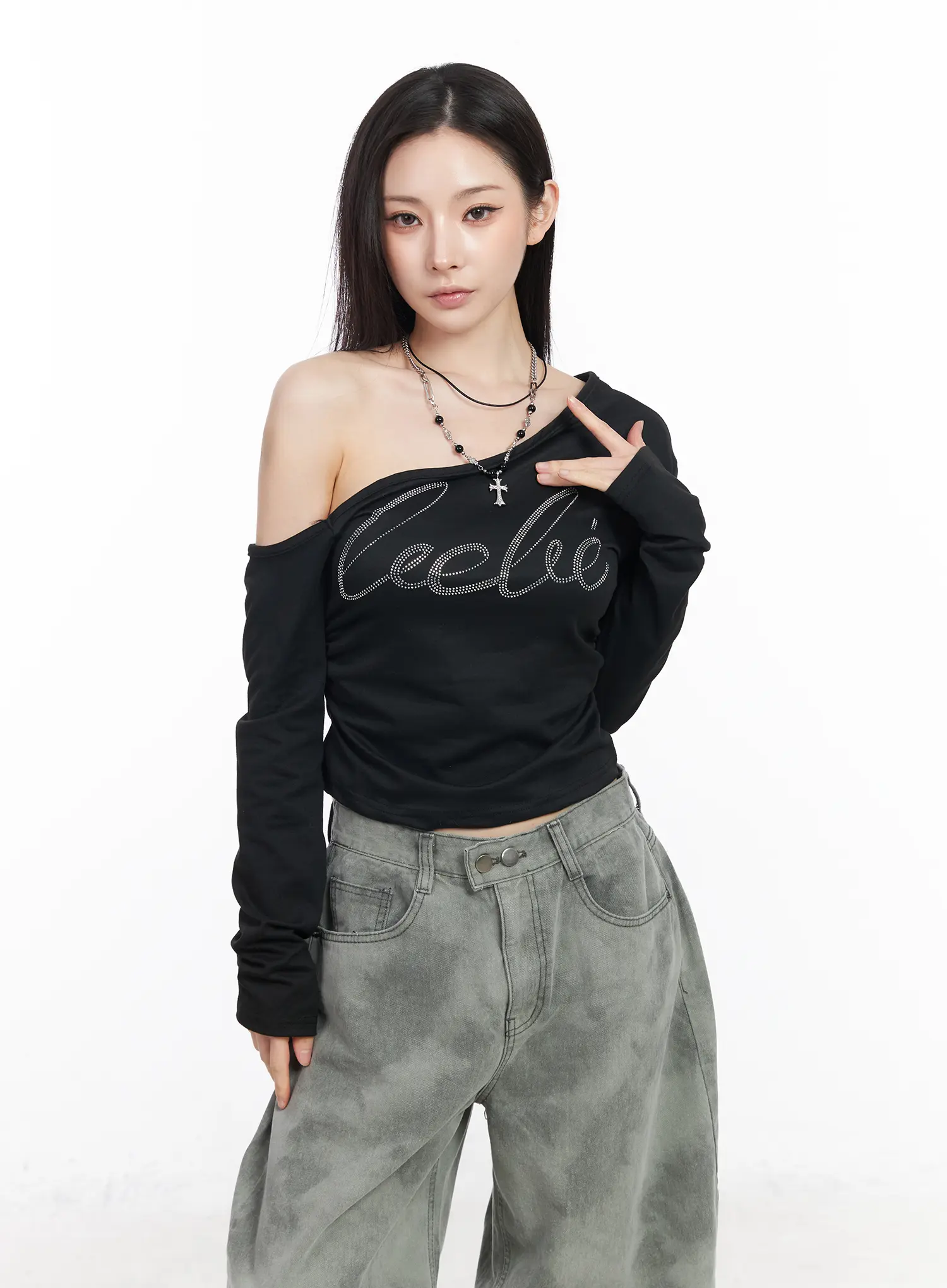 Rhinestone Asymmetric Off-Shoulder Long Sleeve Top CM519 - Image 11