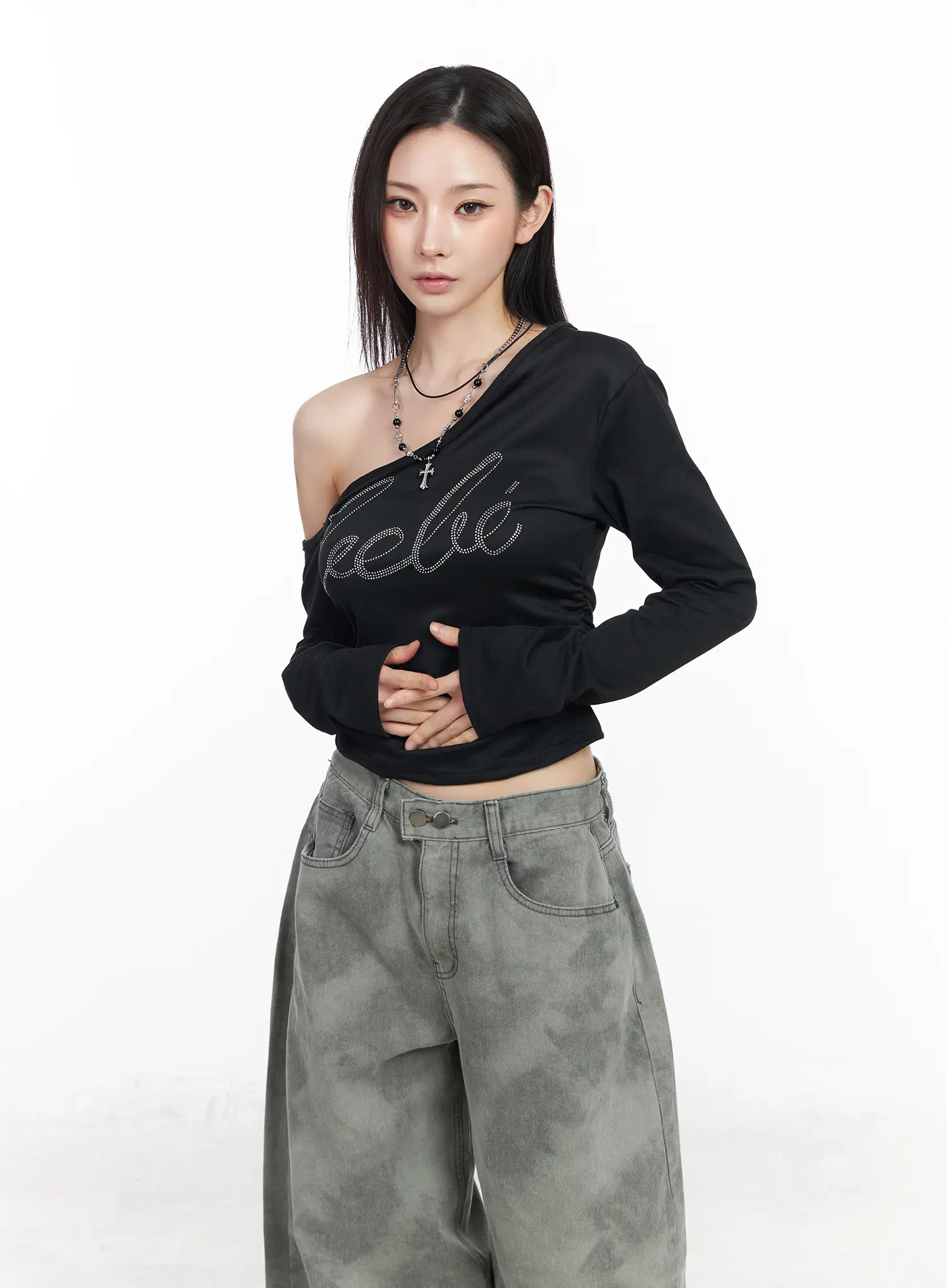 Rhinestone Asymmetric Off-Shoulder Long Sleeve Top CM519 - Image 2