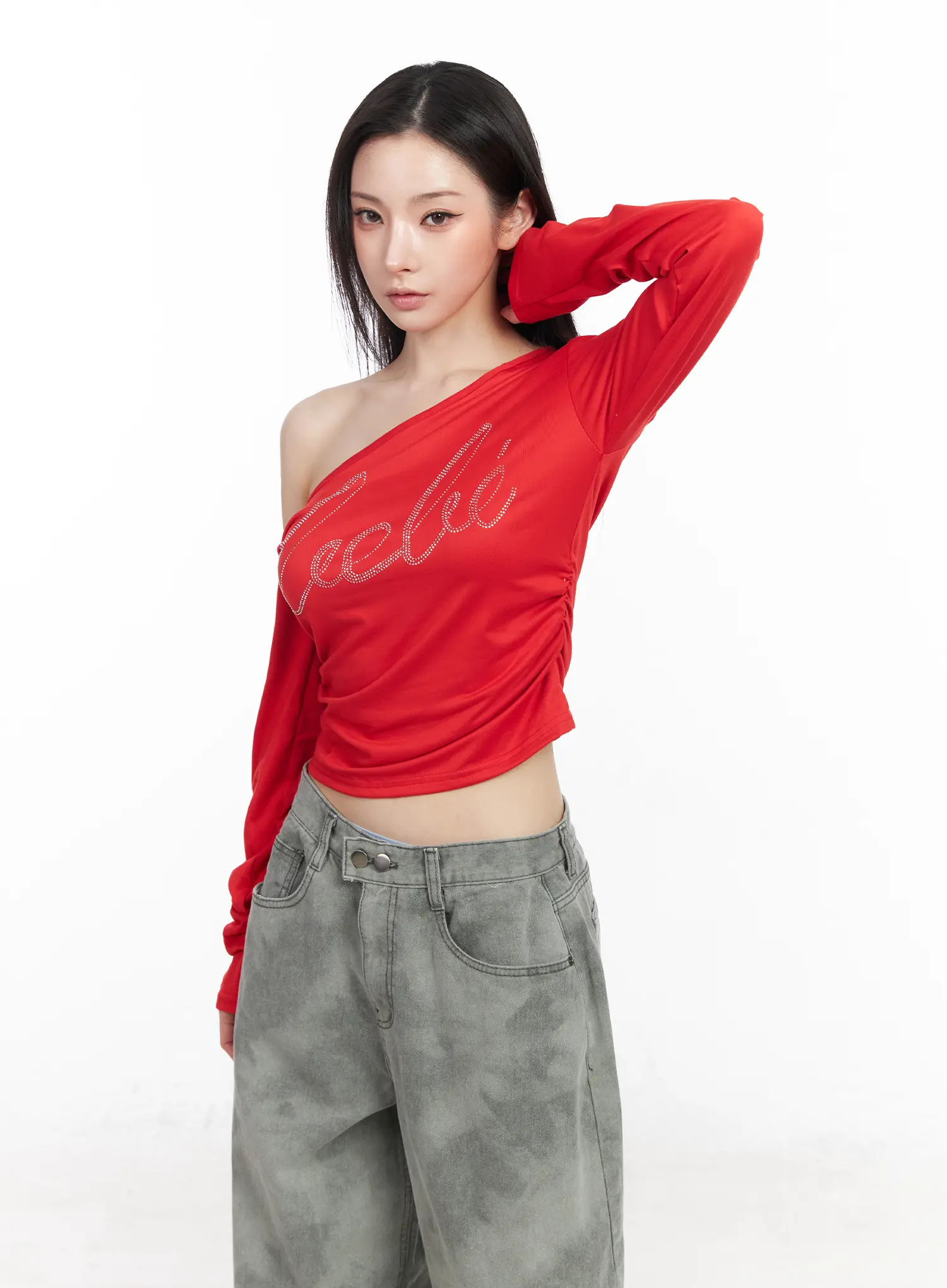 Rhinestone Asymmetric Off-Shoulder Long Sleeve Top CM519 - Image 6