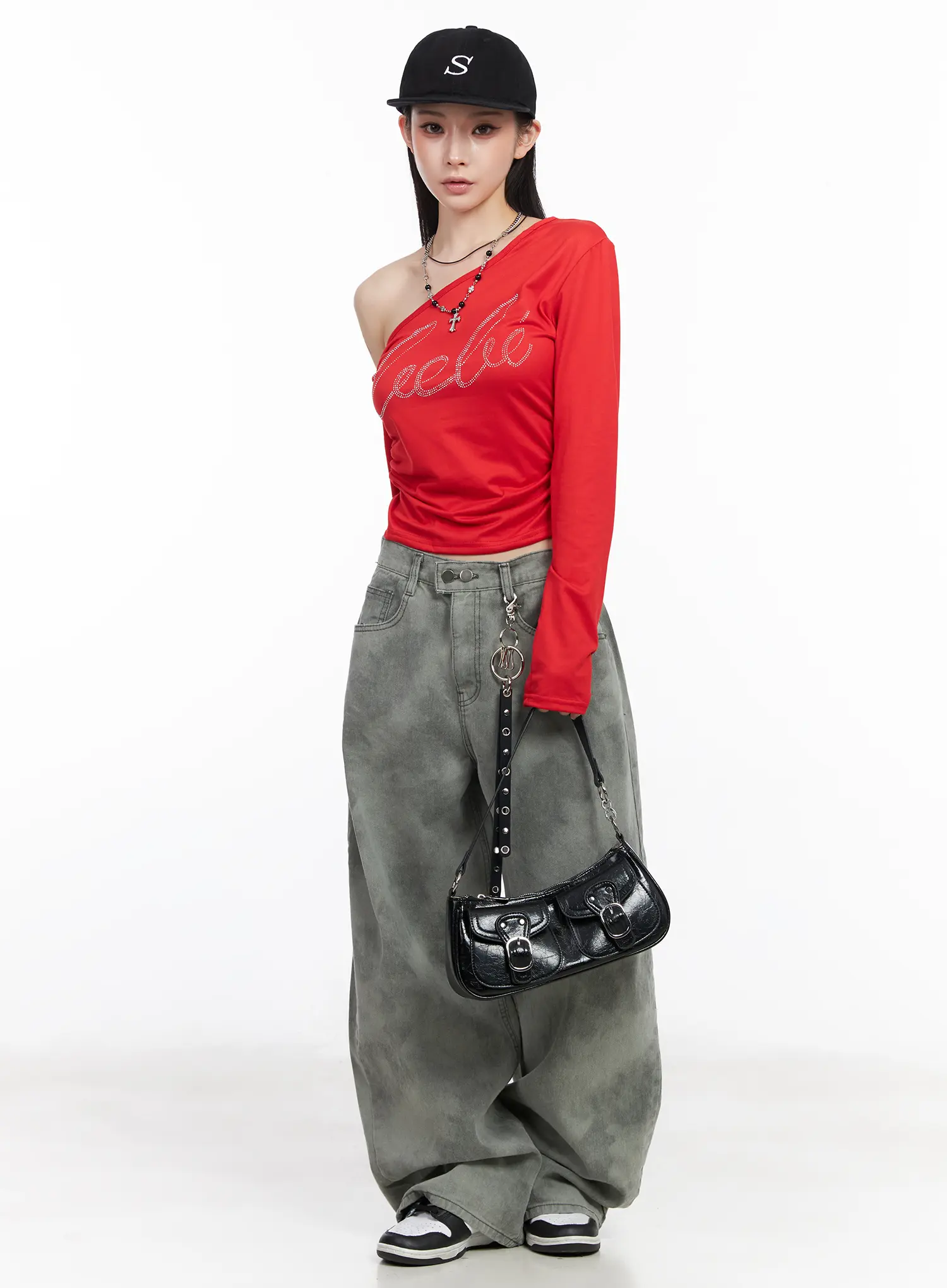 Rhinestone Asymmetric Off-Shoulder Long Sleeve Top CM519 - Image 7