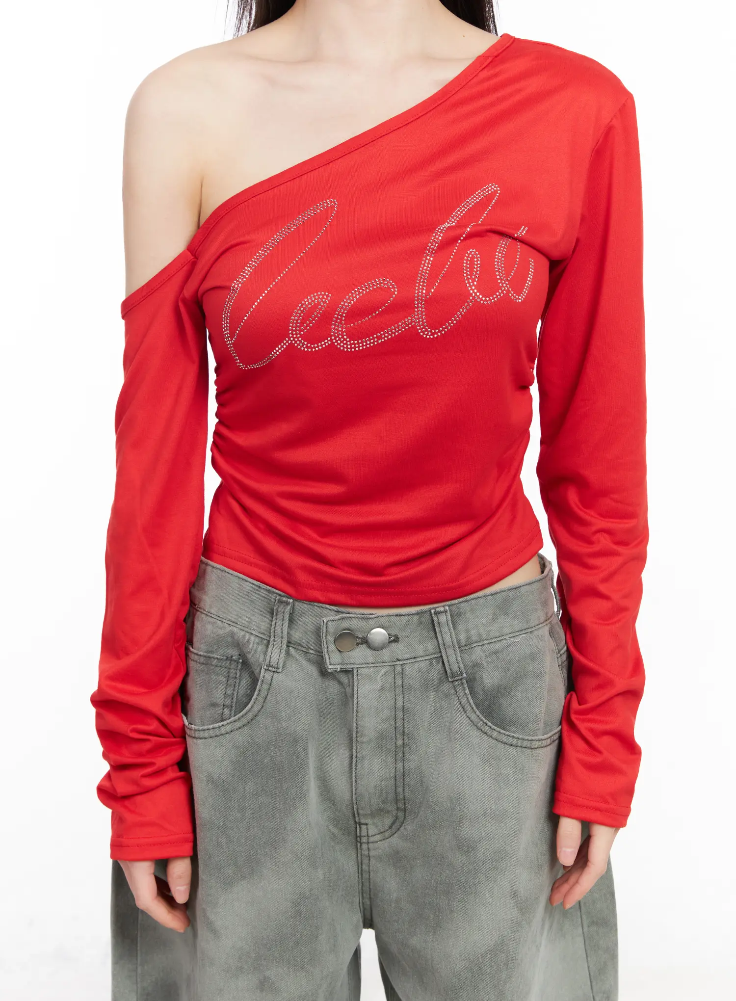 Rhinestone Asymmetric Off-Shoulder Long Sleeve Top CM519 - Image 8