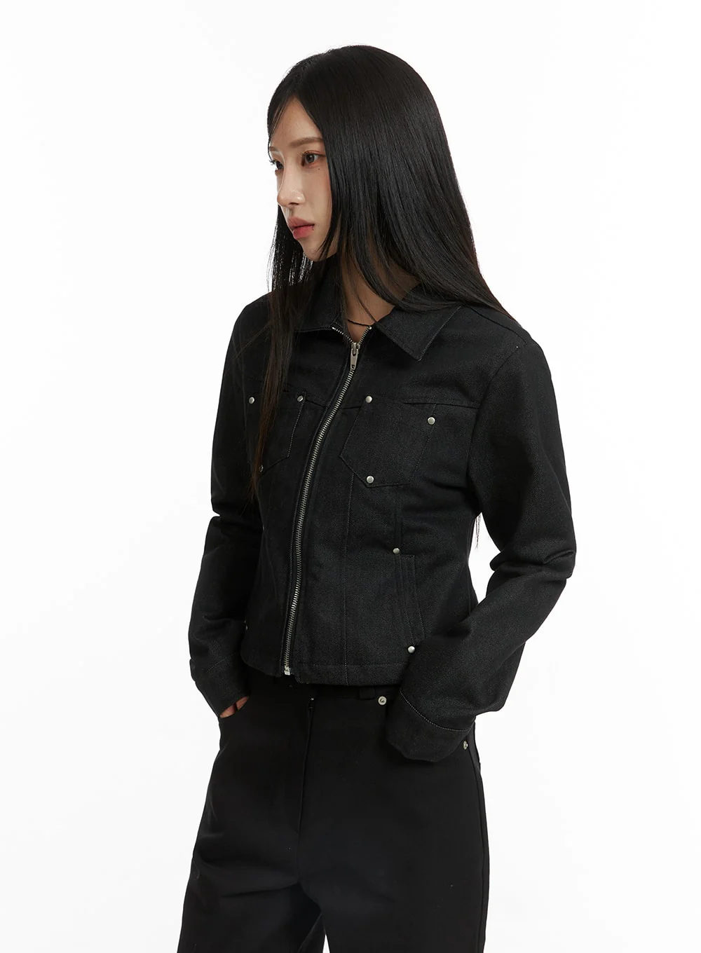 Rhinestone Zipper Denim Jacket CF401 - Image 5