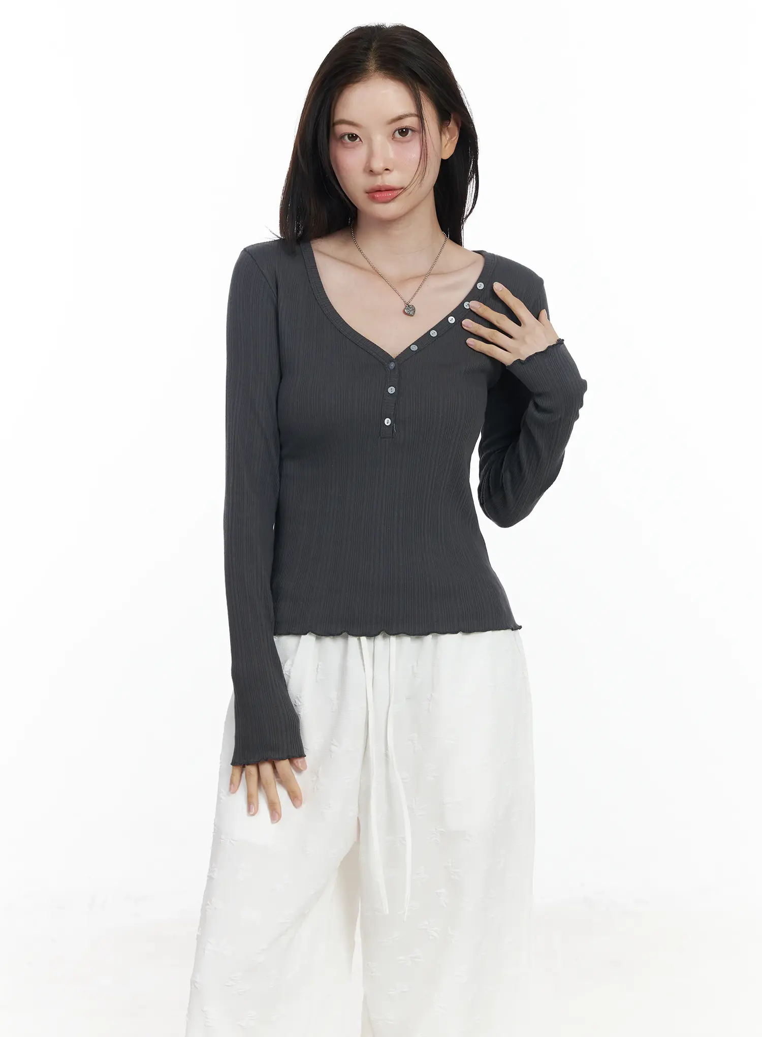 Ribbed Button V-Neck Long Sleeve Top IF525 - Image 2