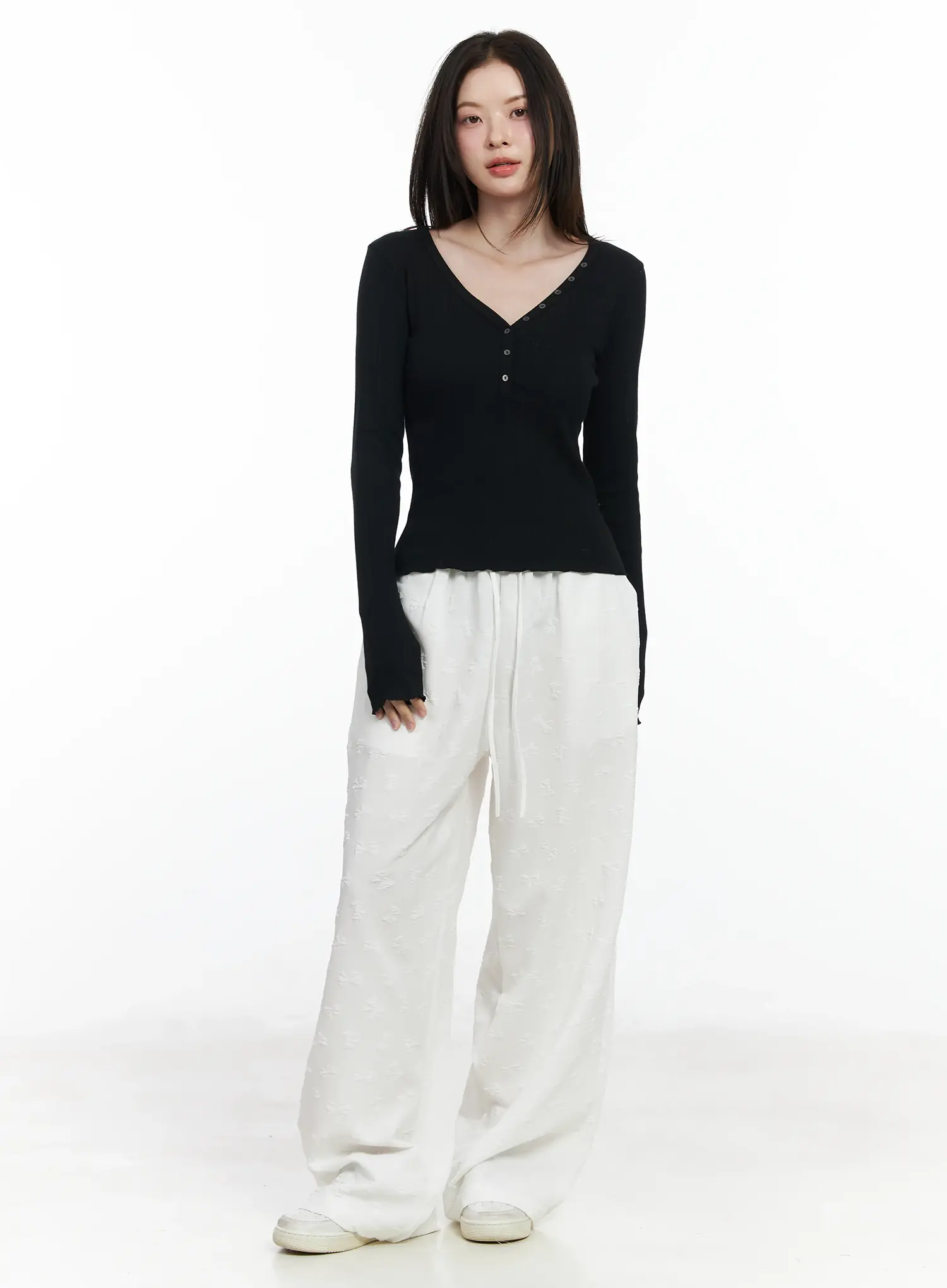 Ribbed Button V-Neck Long Sleeve Top IF525 - Image 3