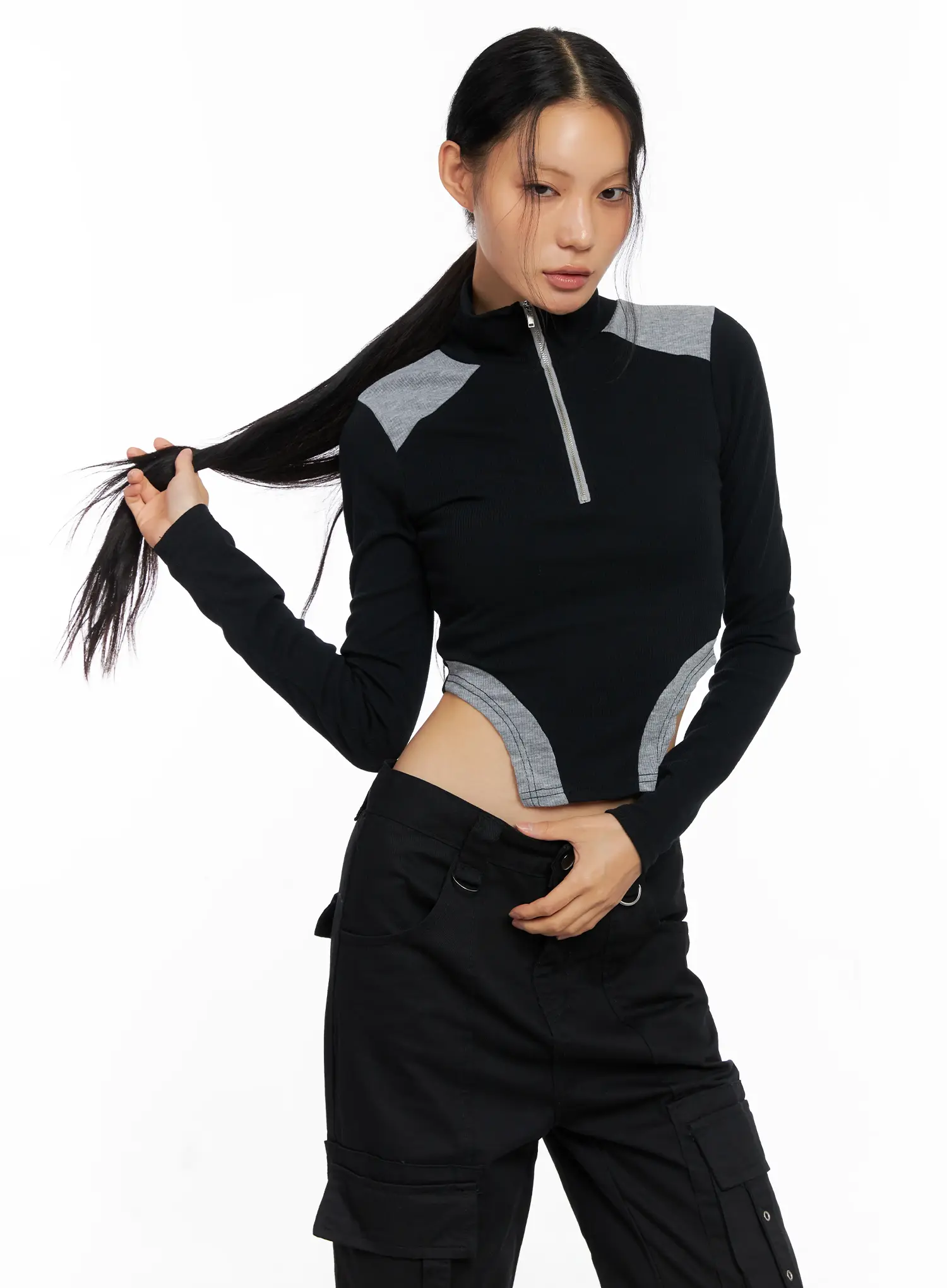 Ribbed Contrast Half-Zip Top CO528 - Image 3