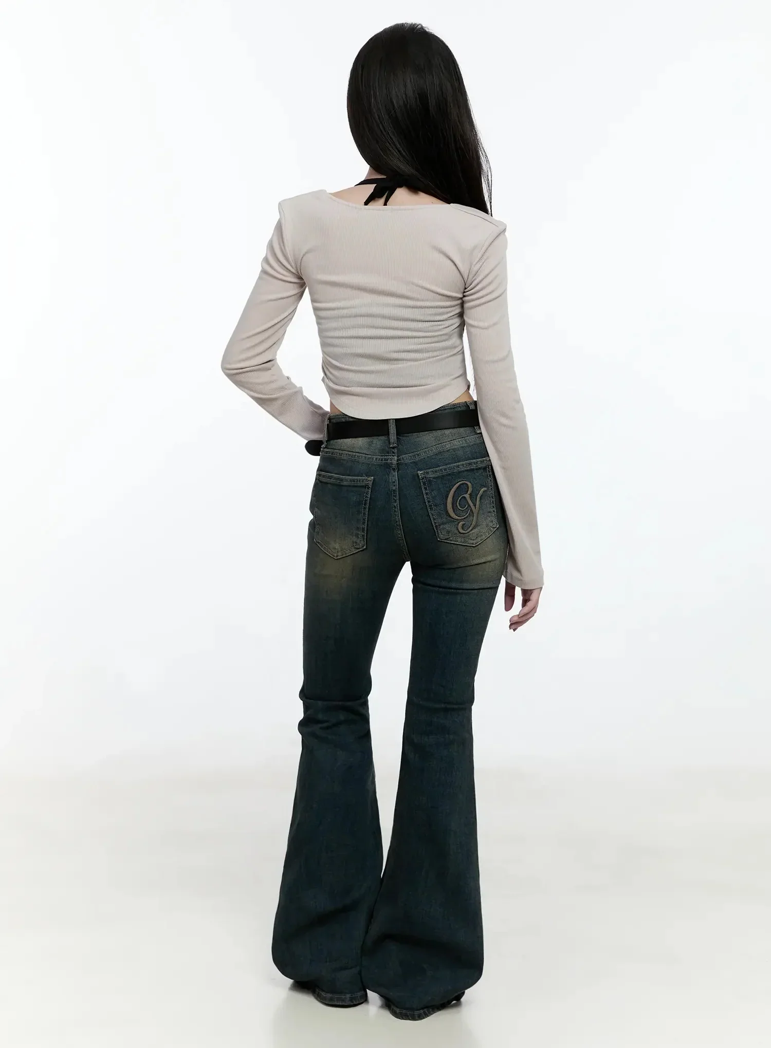 Ribbed Halterneck Shirred Long Sleeve Top IO520 - Image 10