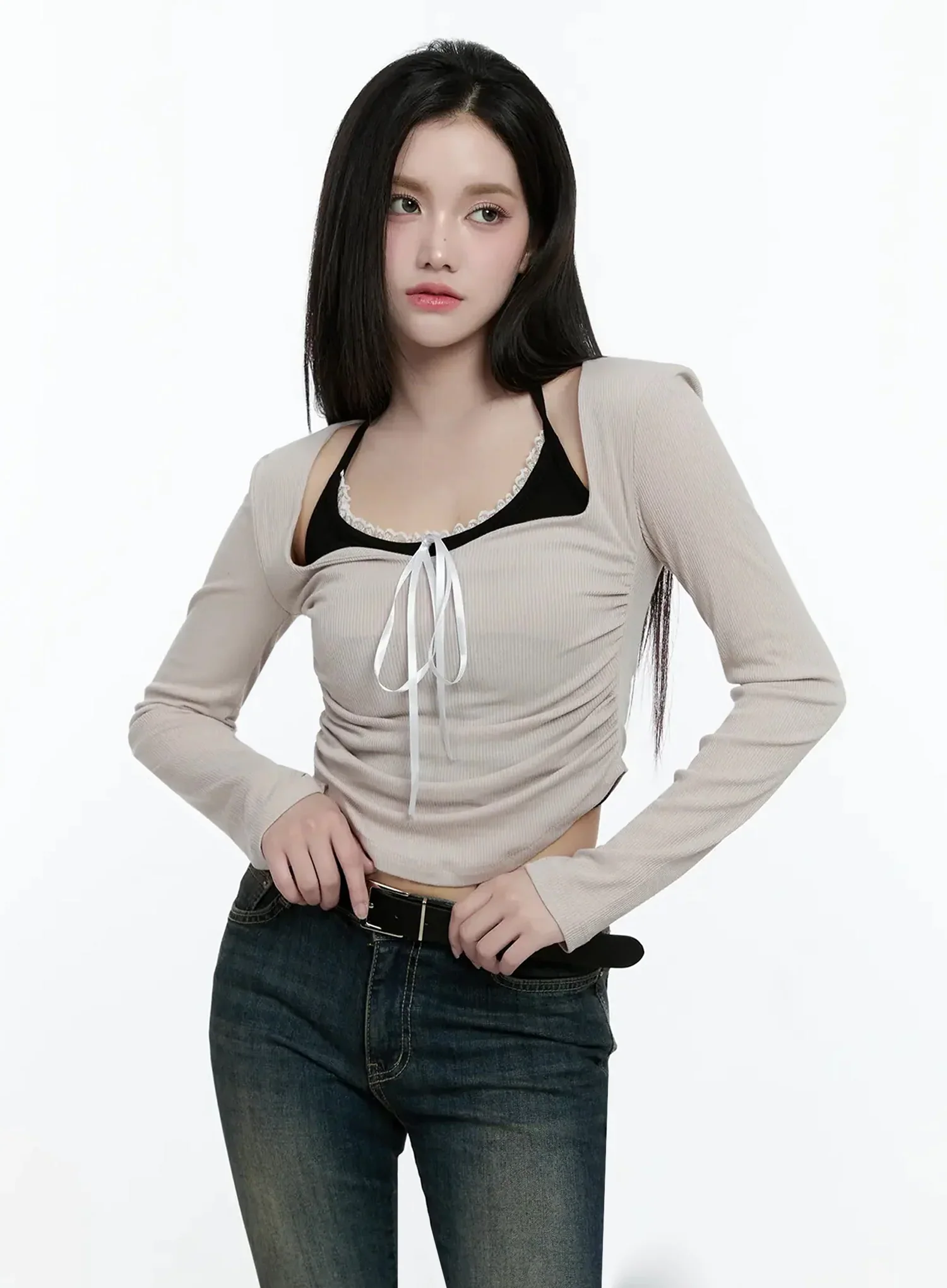 Ribbed Halterneck Shirred Long Sleeve Top IO520 - Image 5