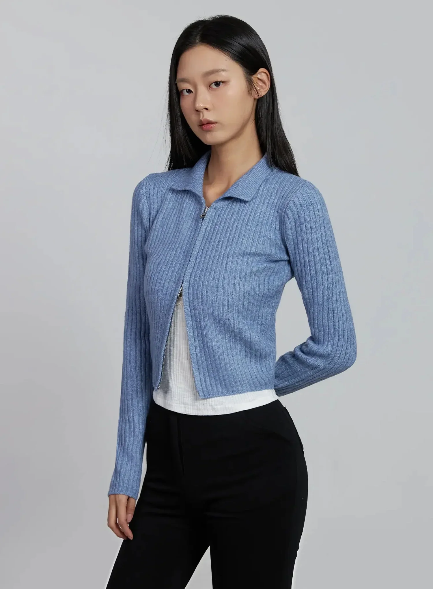 Ribbed Knit Collared Zip-Up IM520 - Image 13