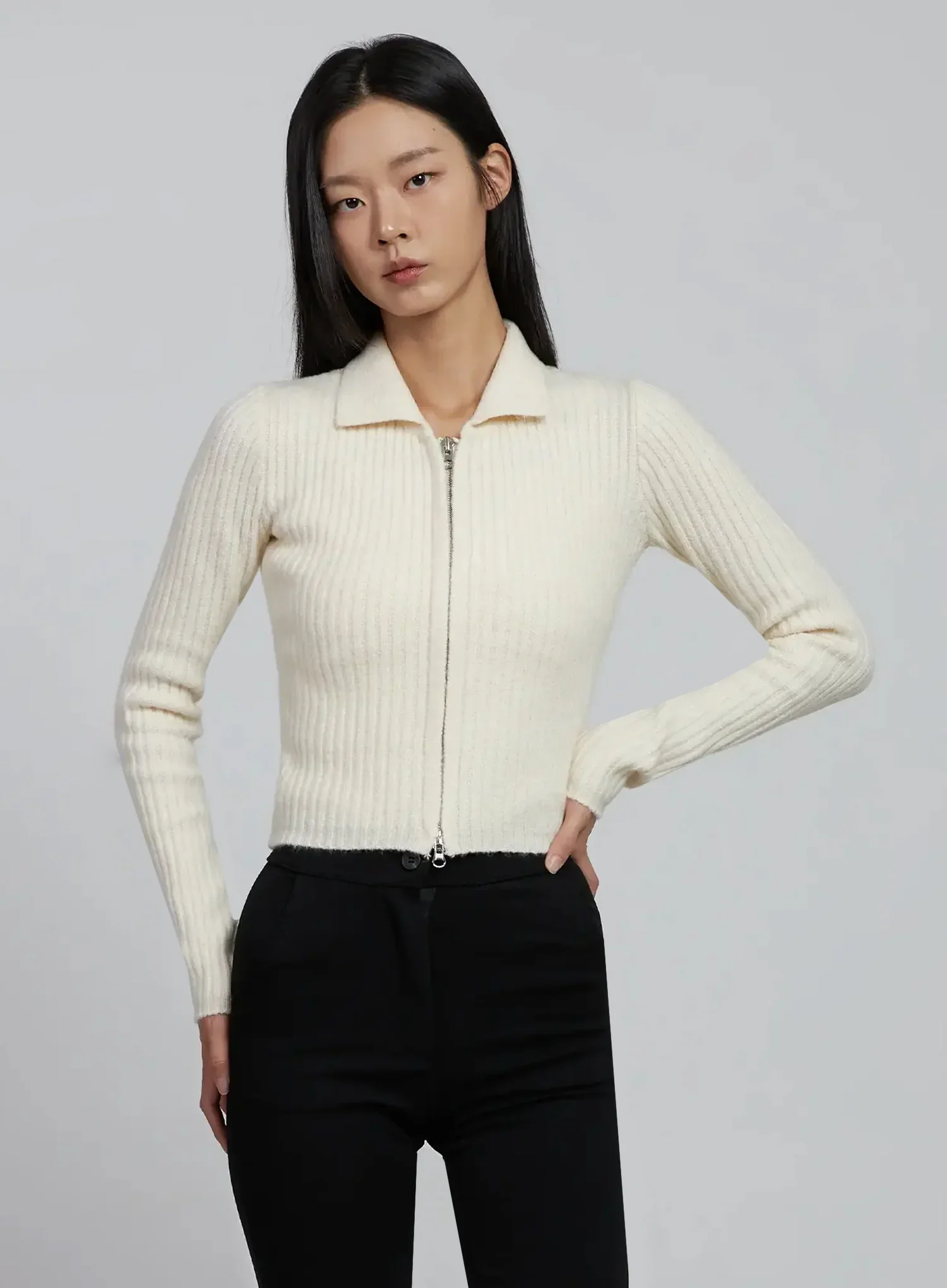 Ribbed Knit Collared Zip-Up IM520 - Image 3