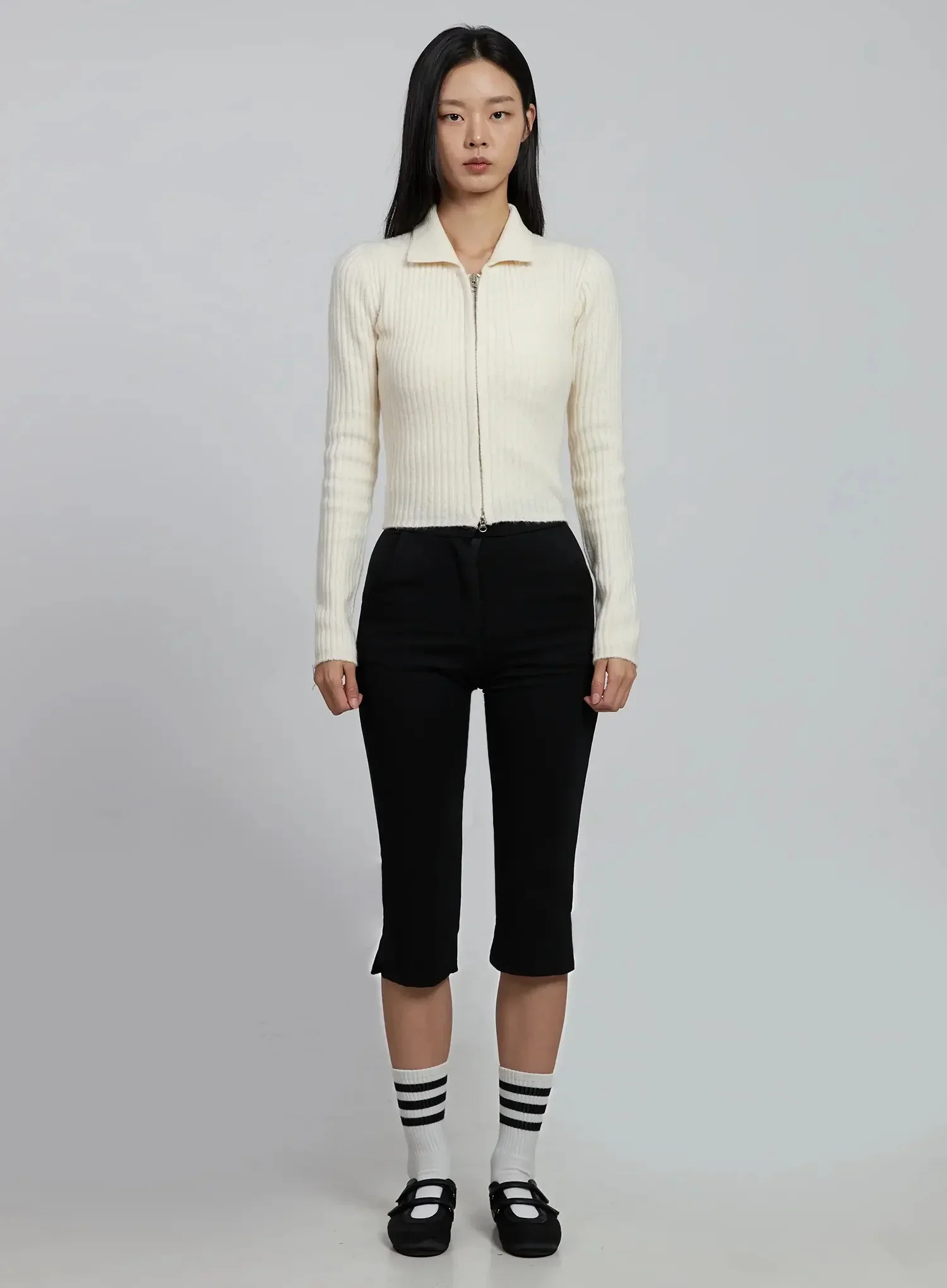 Ribbed Knit Collared Zip-Up IM520 - Image 5