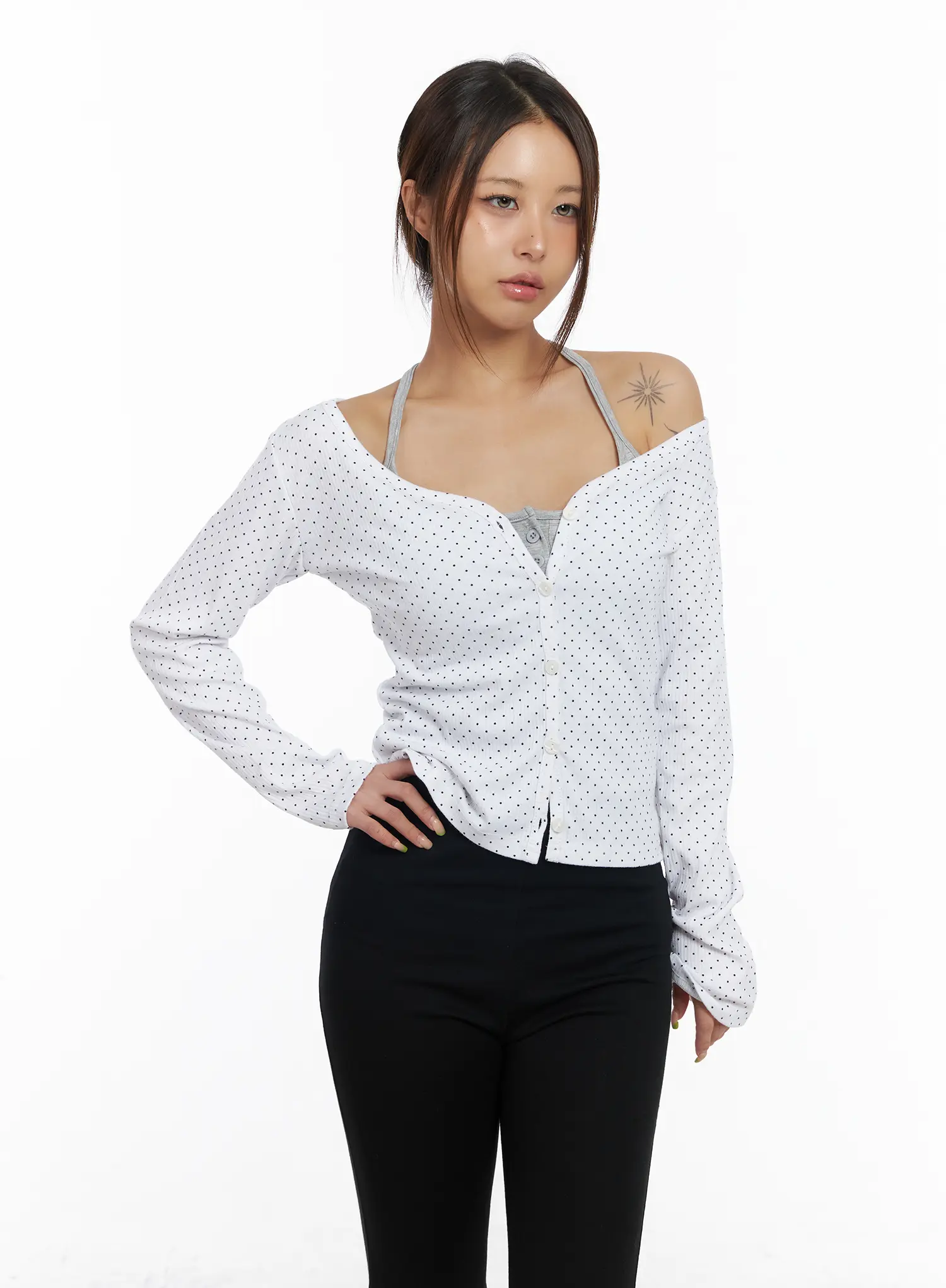Ribbed Polka Dot V-Neck Cardigan CM525 - Image 5