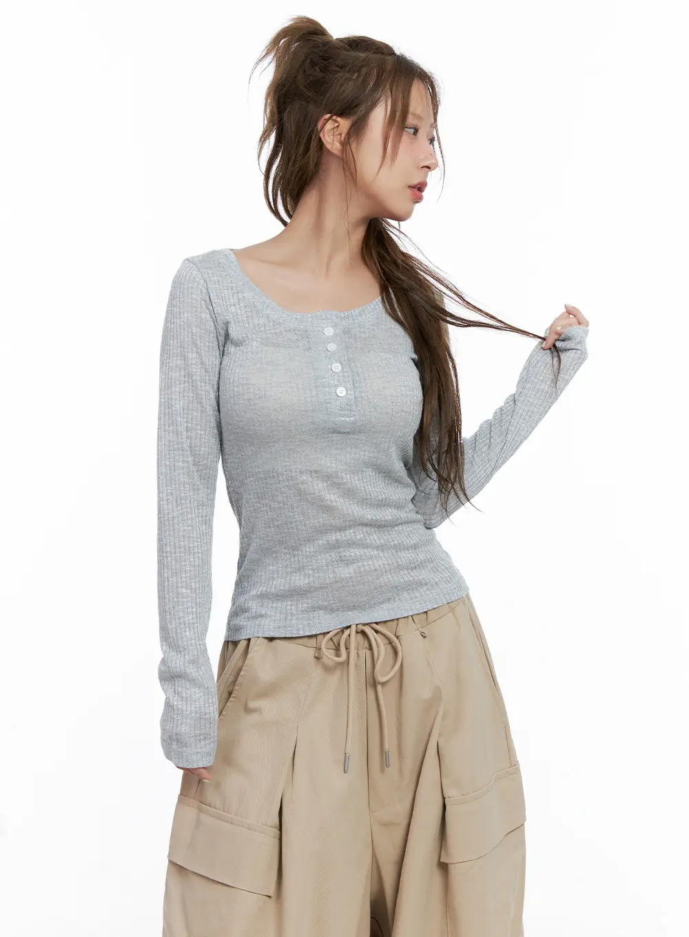 Ribbed Sheer Long-Sleeve Top CL514