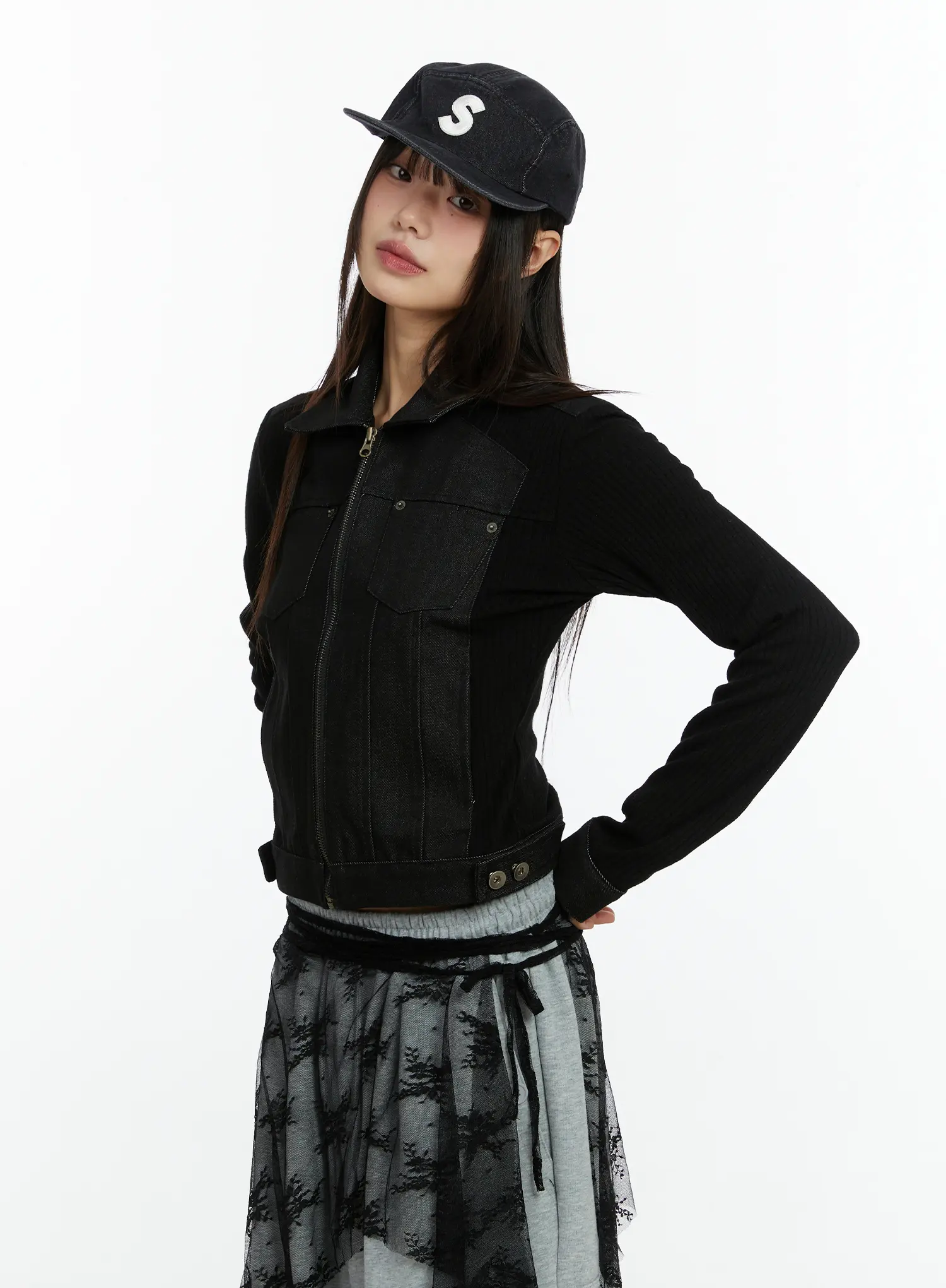 Ribbed Zip-Up Denim Jacket CF509 - Image 2