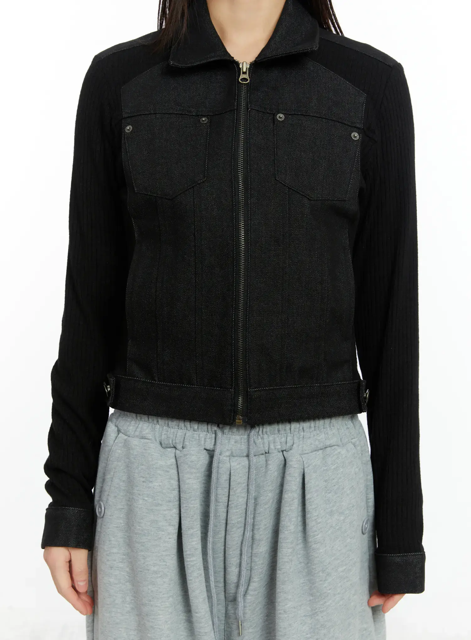 Ribbed Zip-Up Denim Jacket CF509 - Image 8