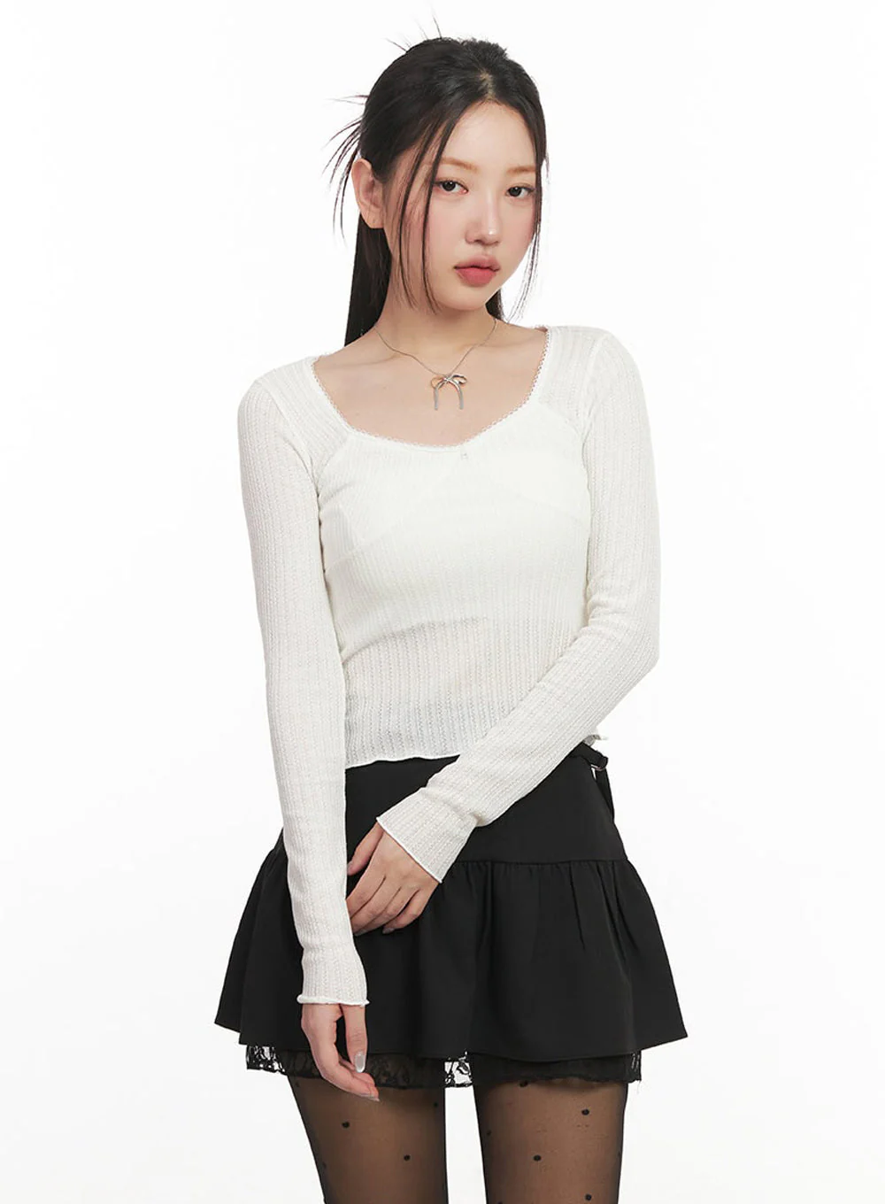 Ribbon Lace-Trim Long-Sleeve Top IM524 - Image 7