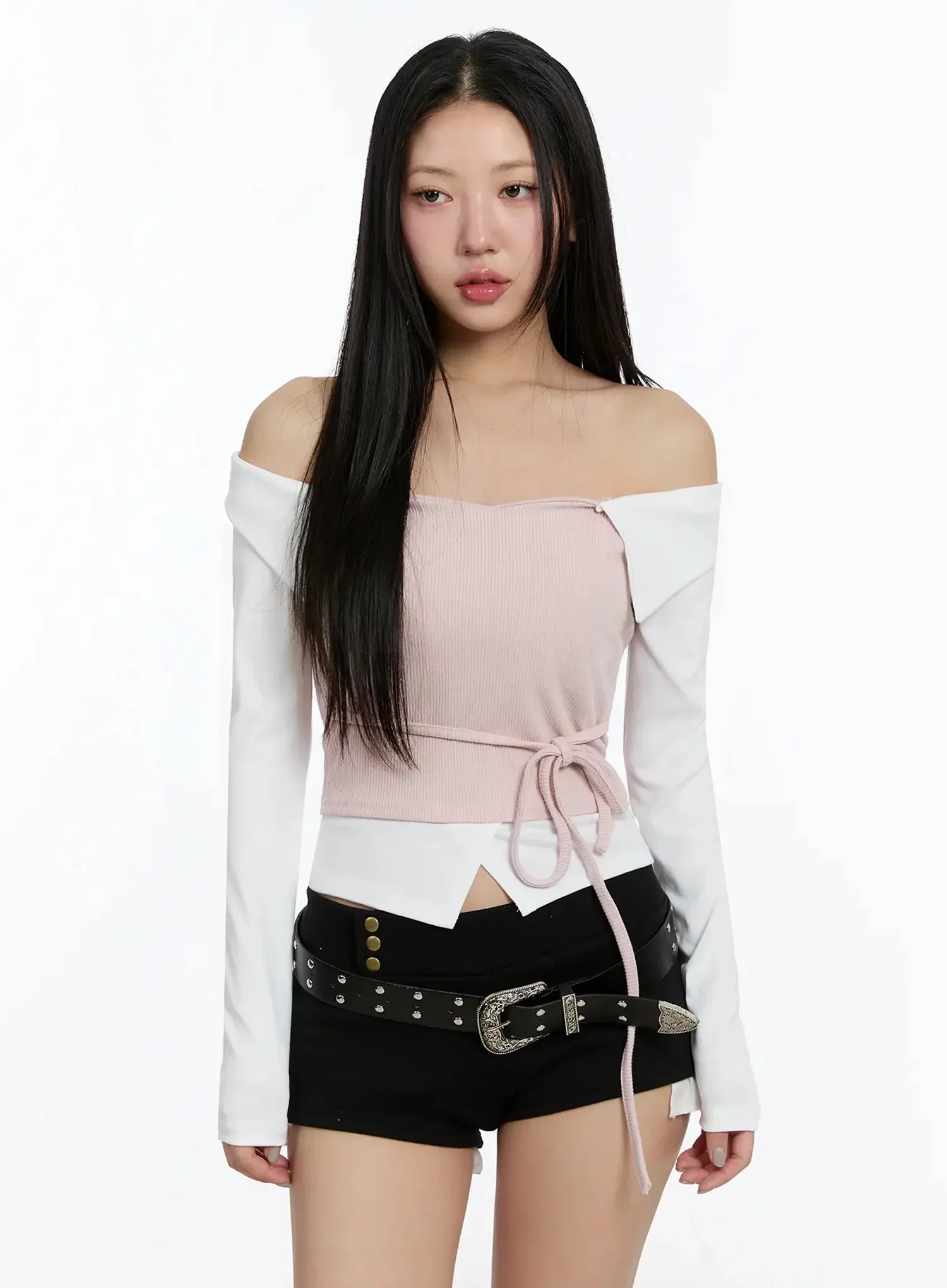 Ribbon-Tie Collared Off-Shoulder Top IM509 - Image 13